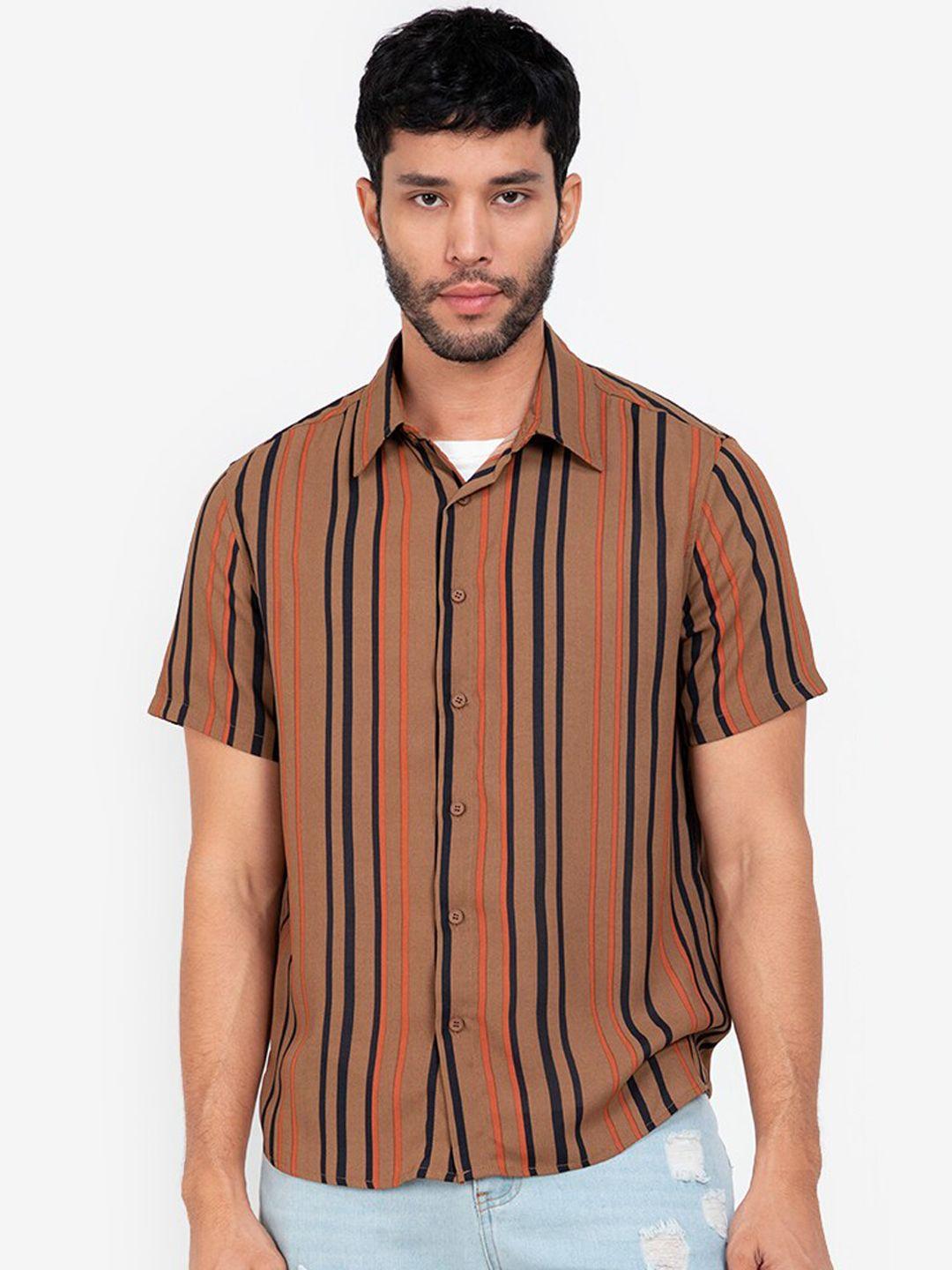 zalora basics men brown & black striped regular fit casual shirt