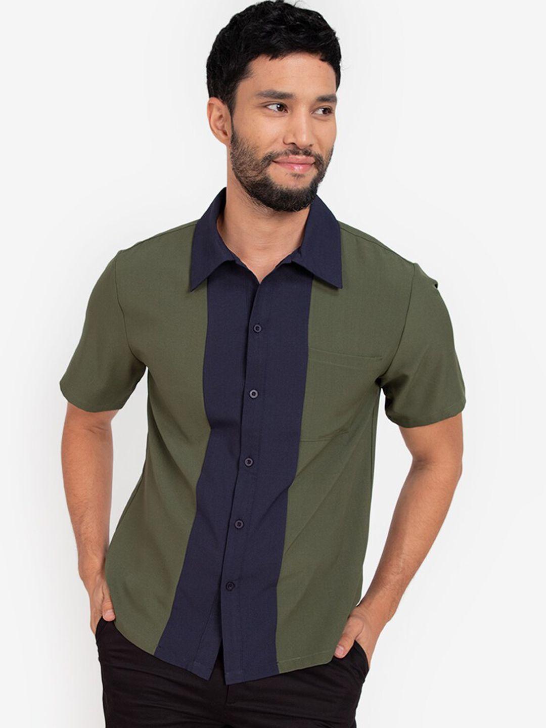 zalora basics men olive green colourblocked casual shirt
