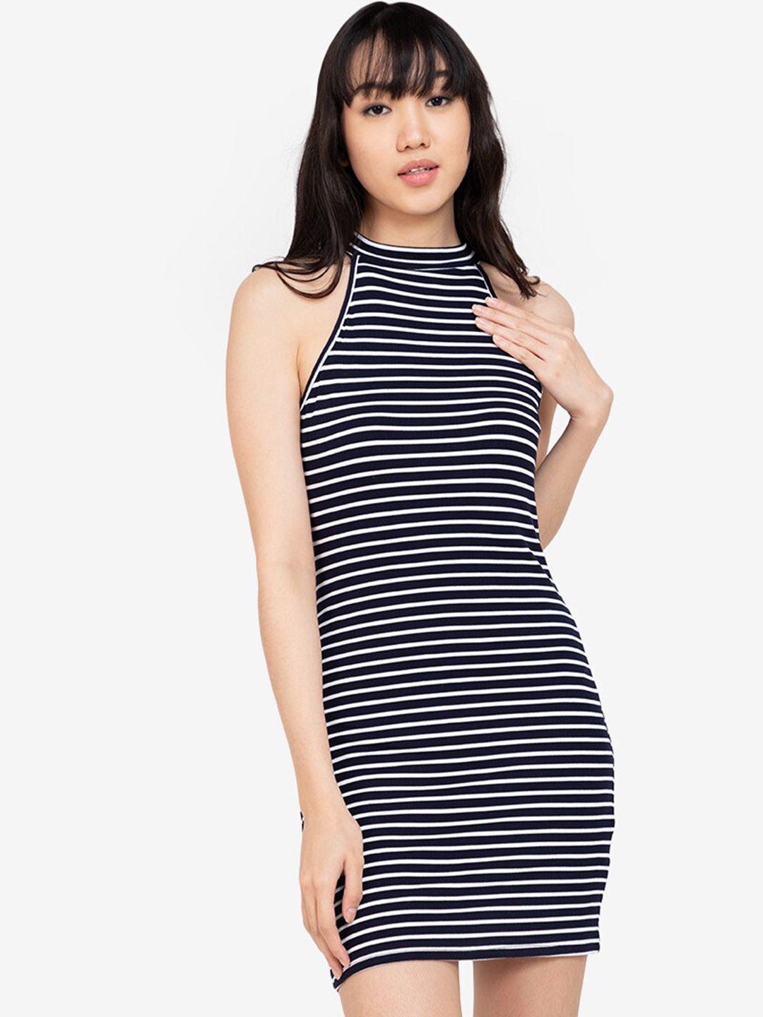 zalora basics white & black striped halter neck bodycon mini dress