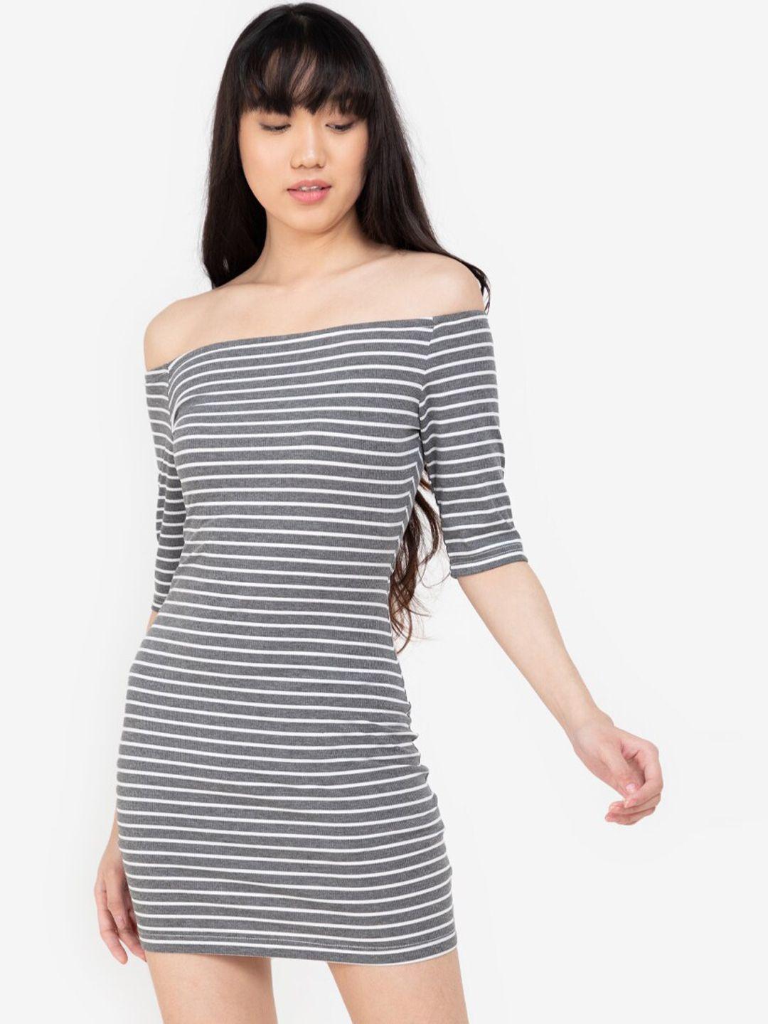 zalora basics white & black striped off-shoulder bodycon mini dress