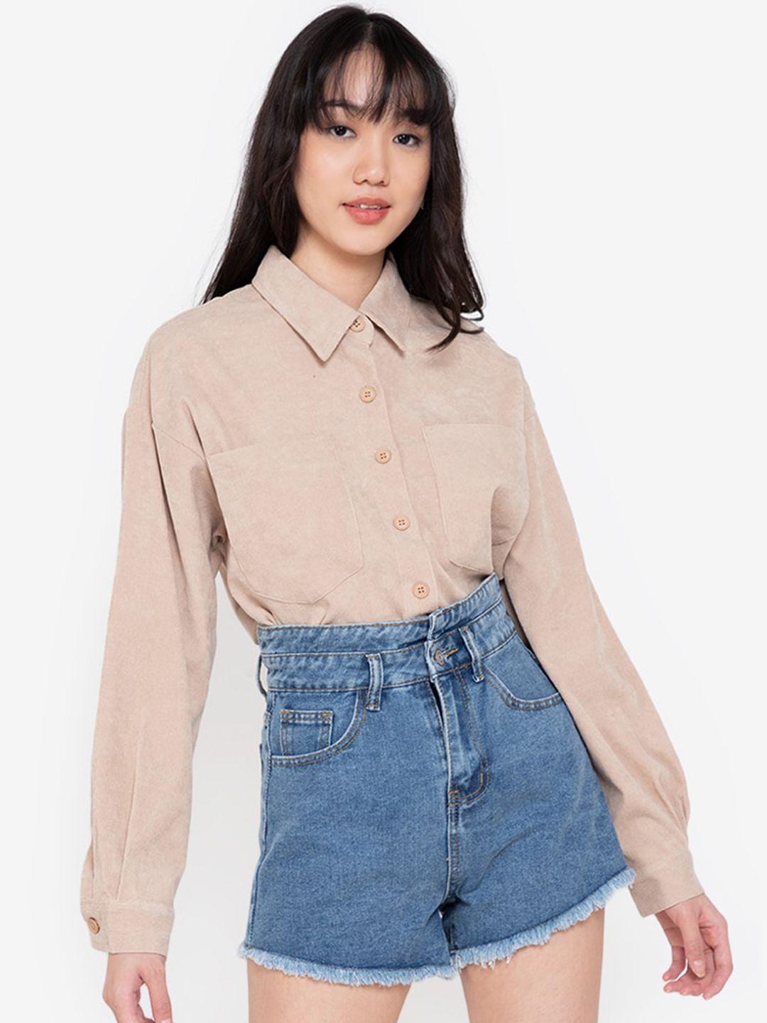 zalora basics women beige skinny fit corduroy oversized casual shirt