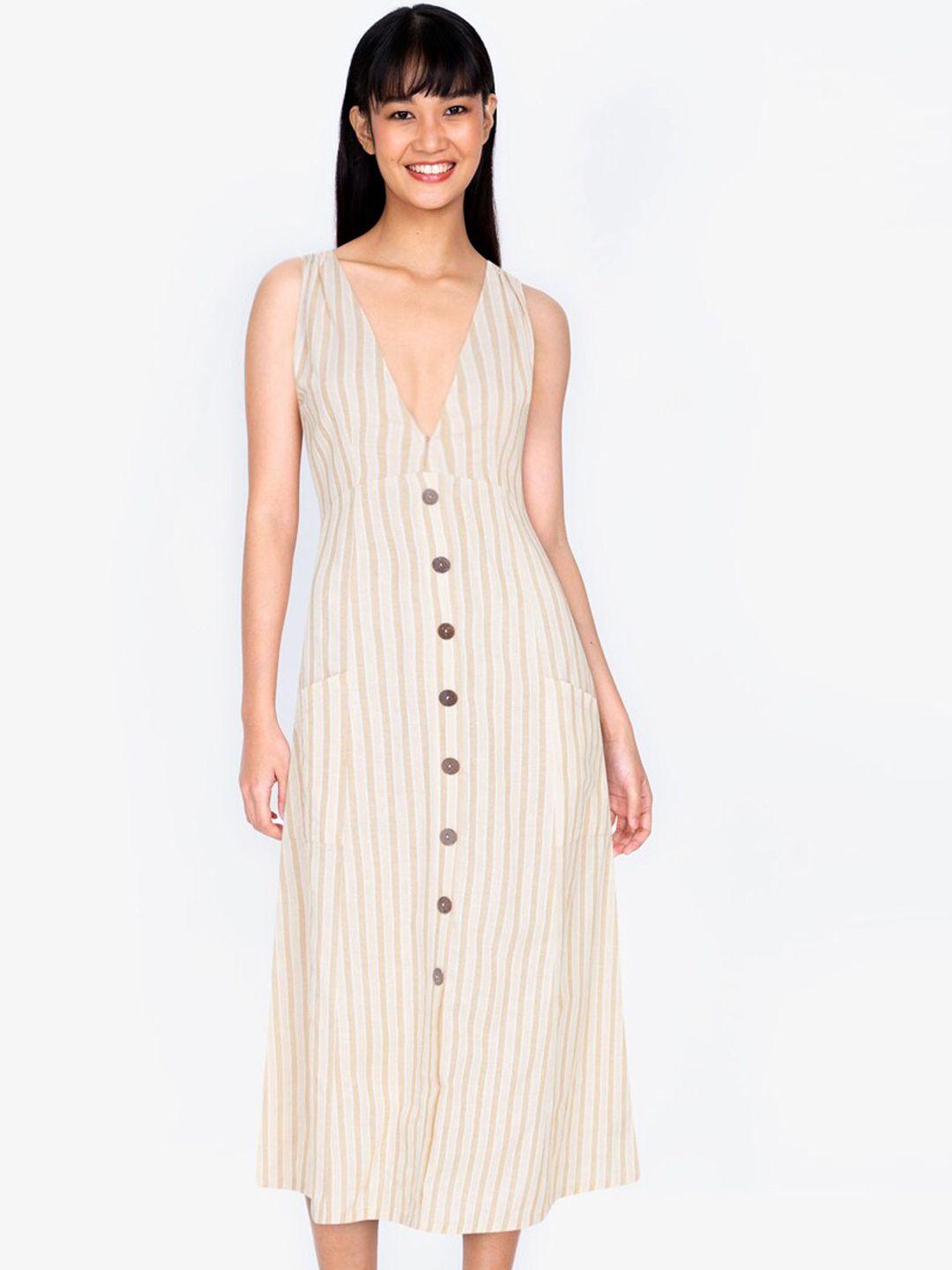zalora basics women beige striped deep v neck button down a-line midi dress