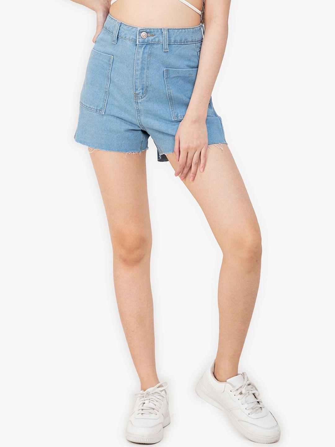 zalora basics women blue solid mid-rise denim shorts