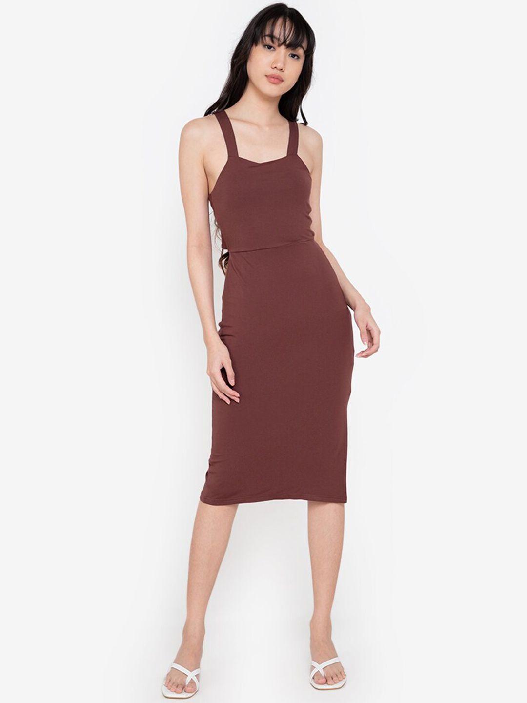 zalora basics women brown solid bodycon tie back midi dress