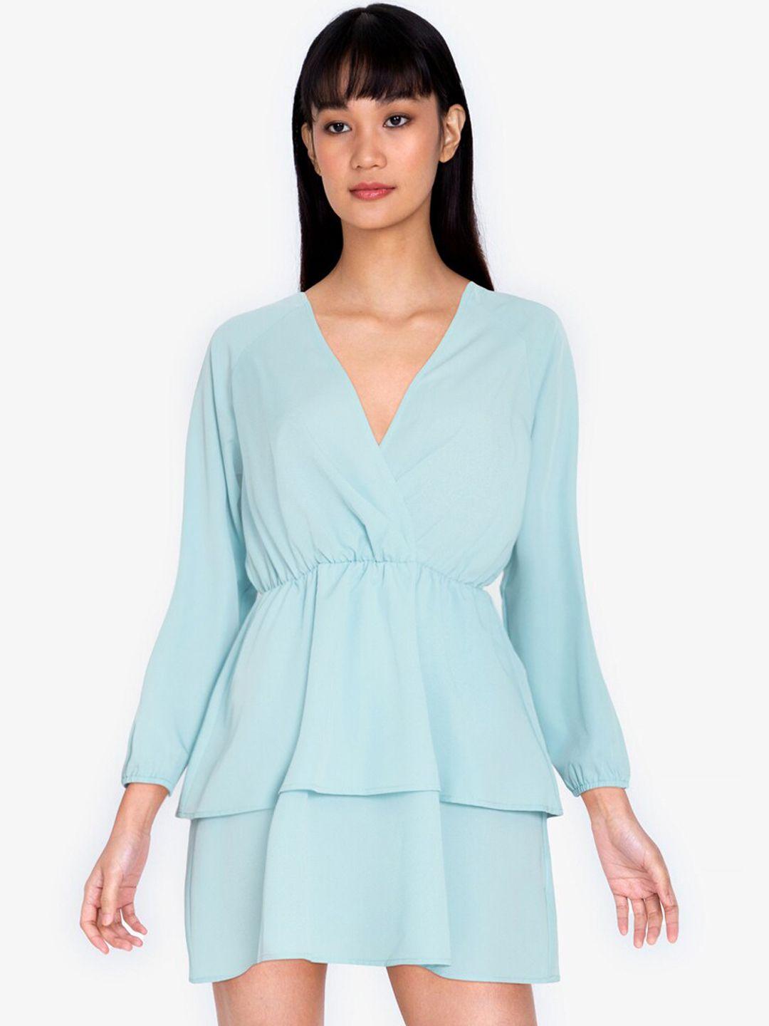 zalora basics women turquoise blue solid wrap layered mini dress
