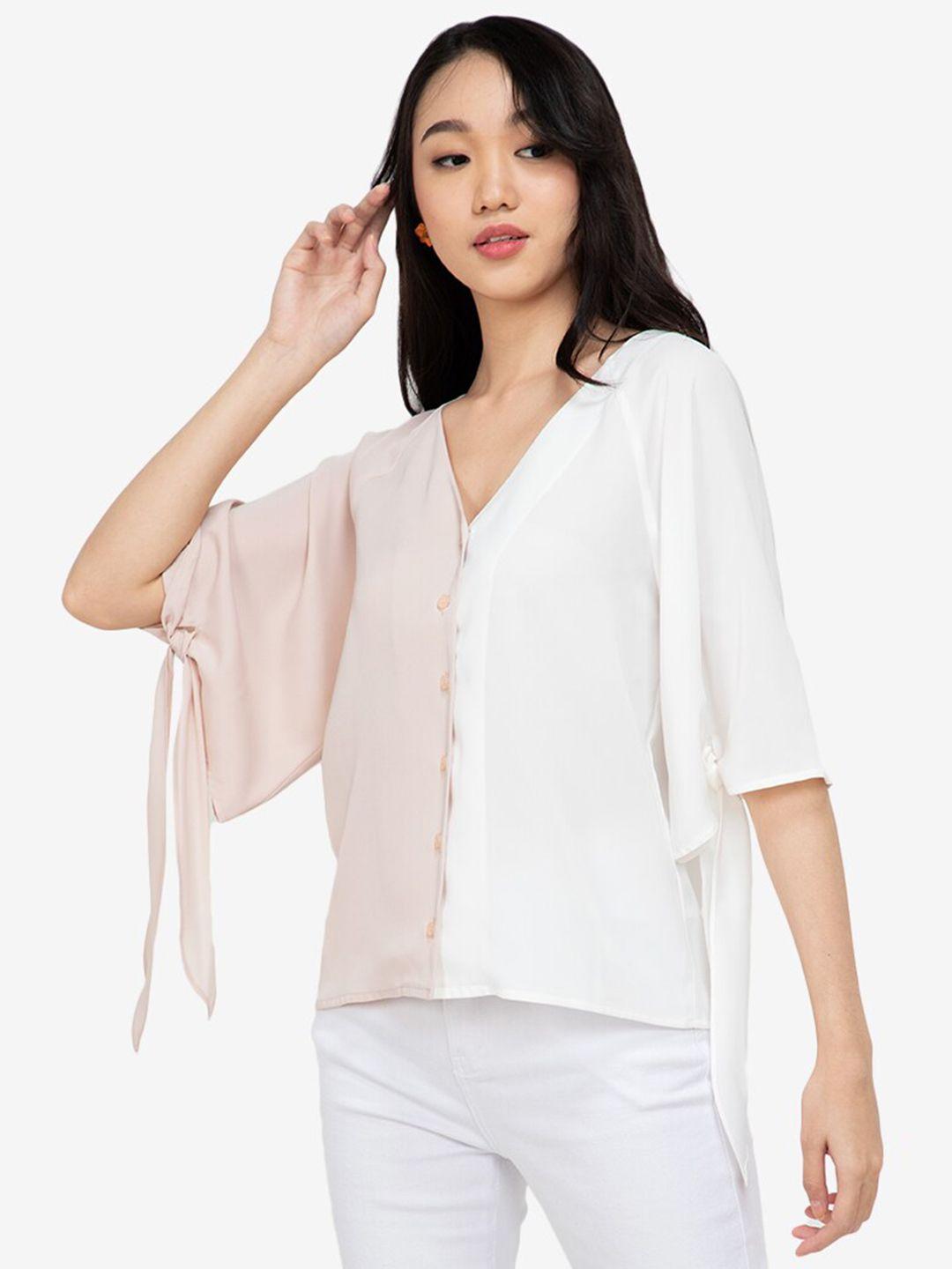 zalora basics women white & mauve colourblocked casual shirt