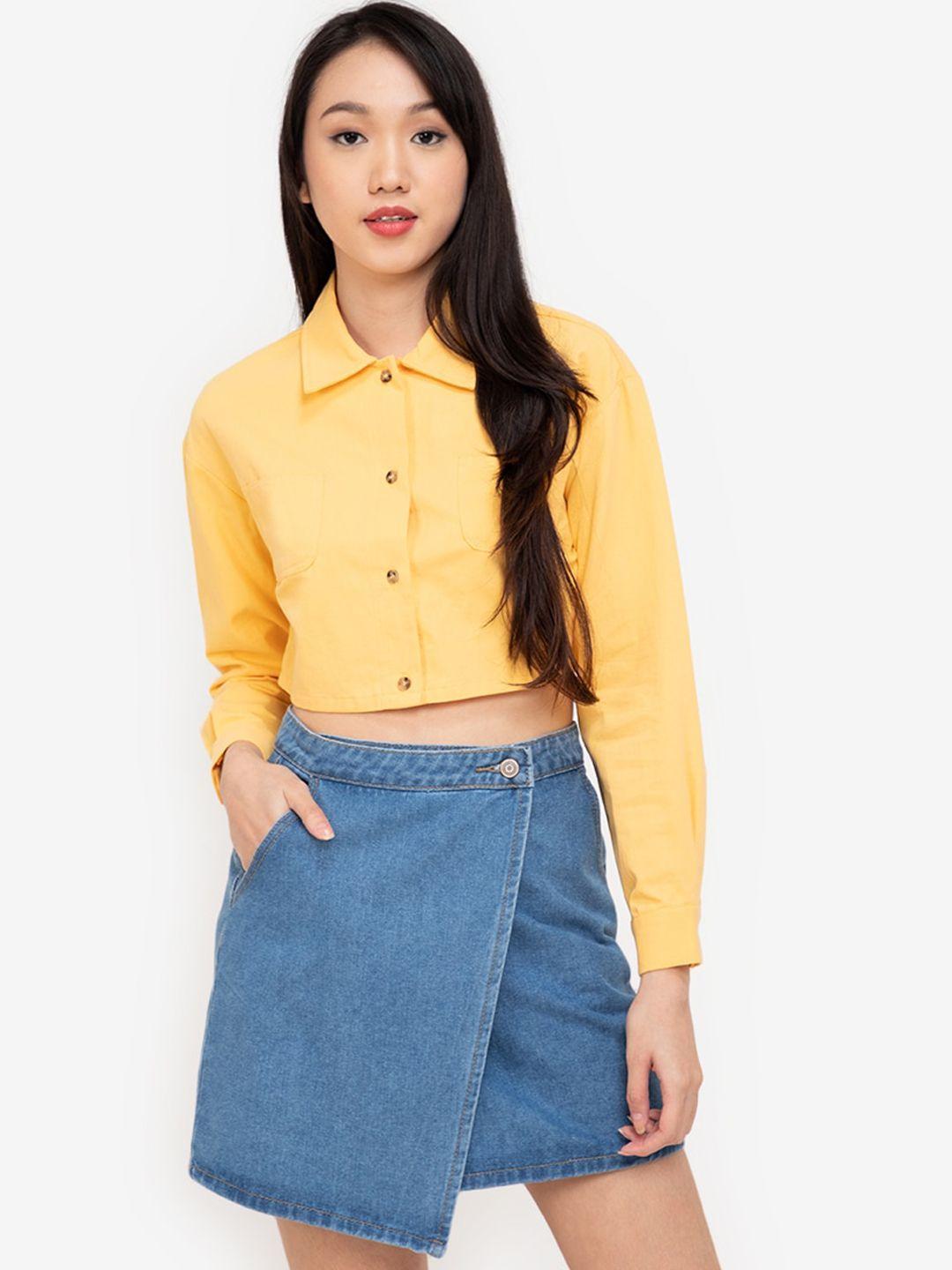 zalora basics women yellow pure cotton cropped casual shirt