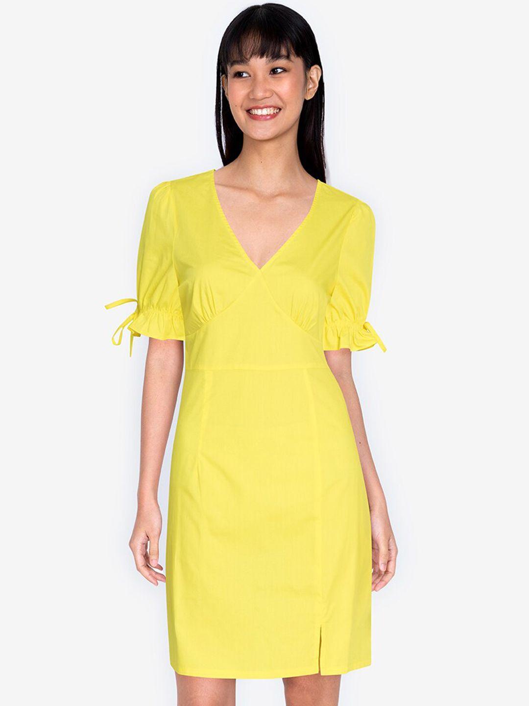 zalora basics women yellow v neck puff sleeves a-line midi dress