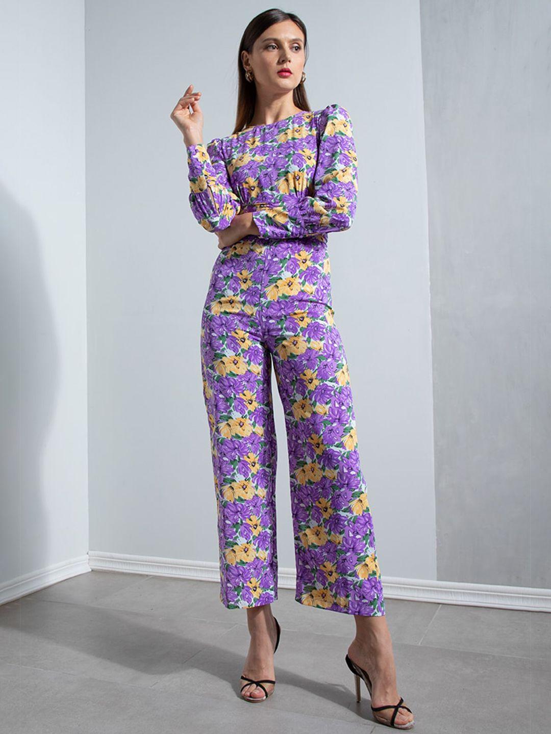 zalora occasion purple & yellow printed ruched waist detail jumpsuit