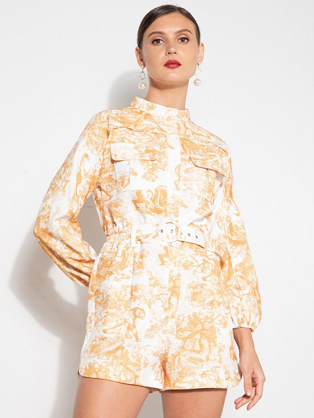 zalora occasion white & yellow waist tie up printed playsuit