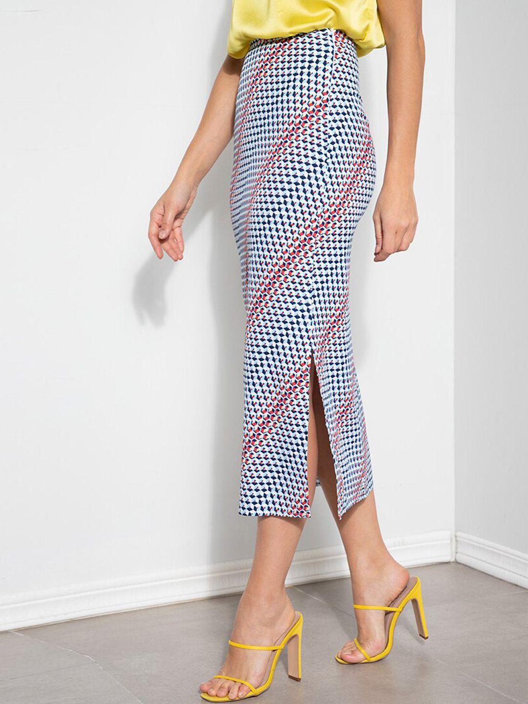 zalora occasion women white & navy blue printed midi pencil skirt