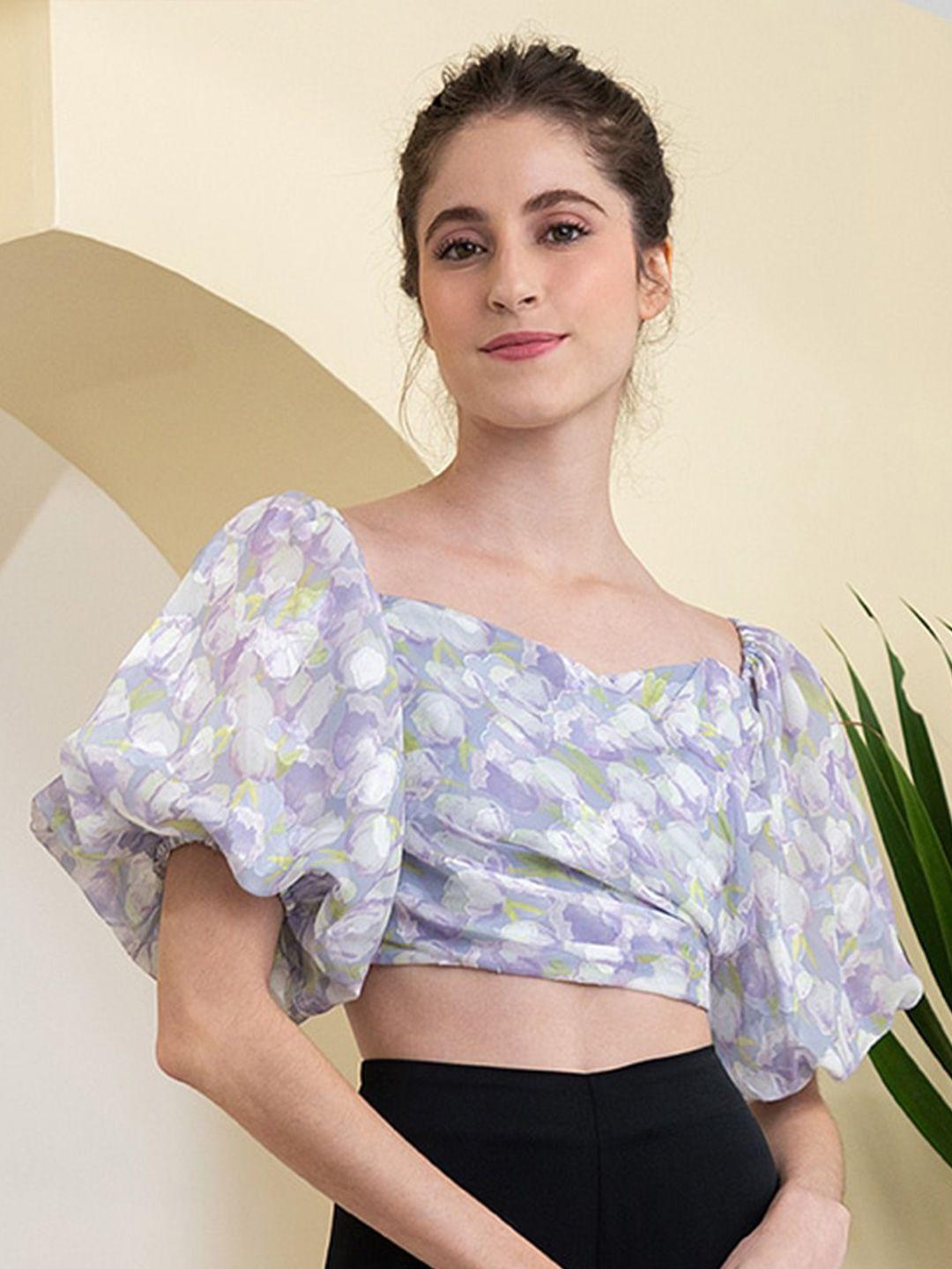 zalora studios floral printed sweetheart neck puff sleeve crop top