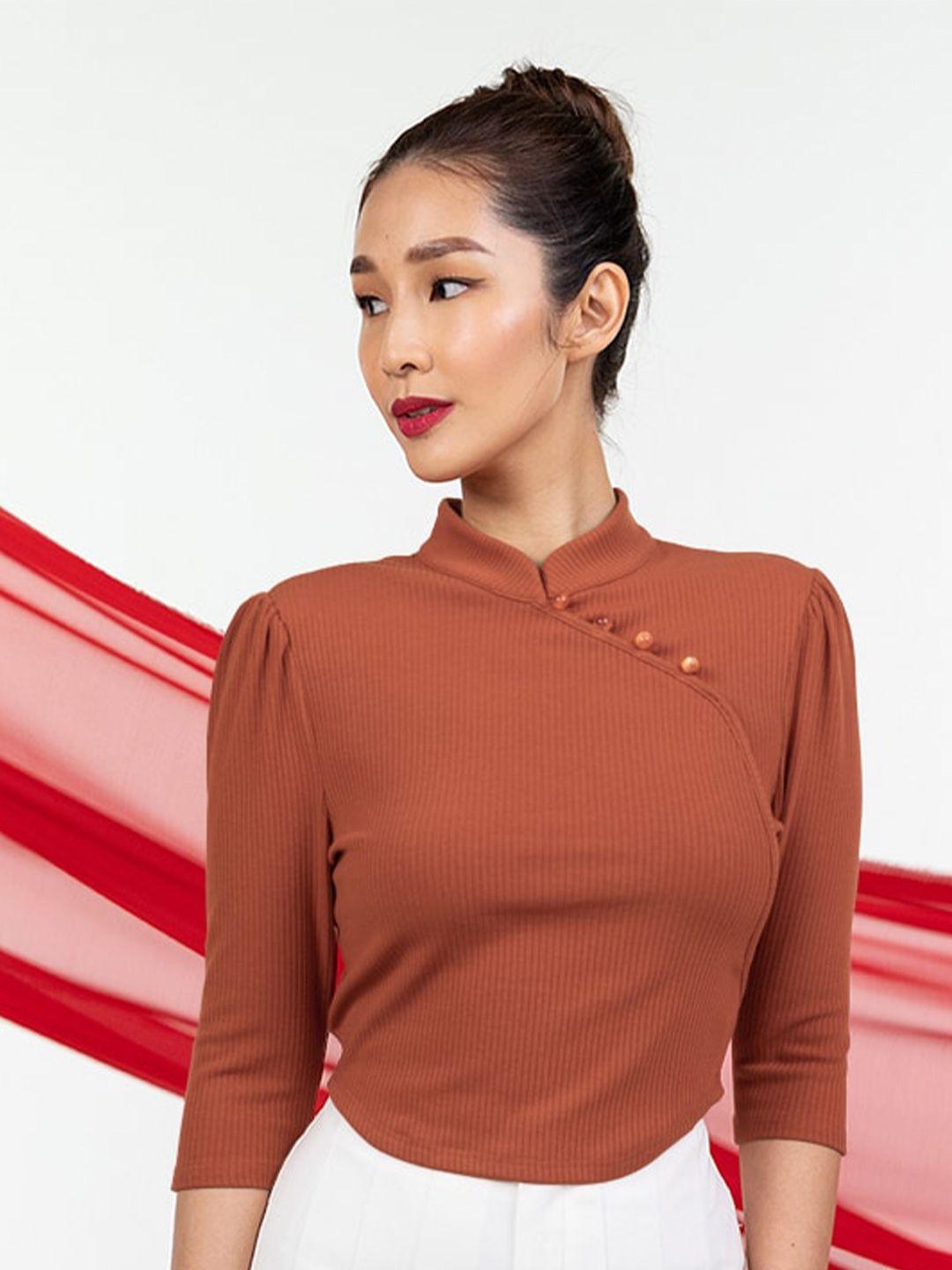 zalora studios high neck puff sleeves fitted top