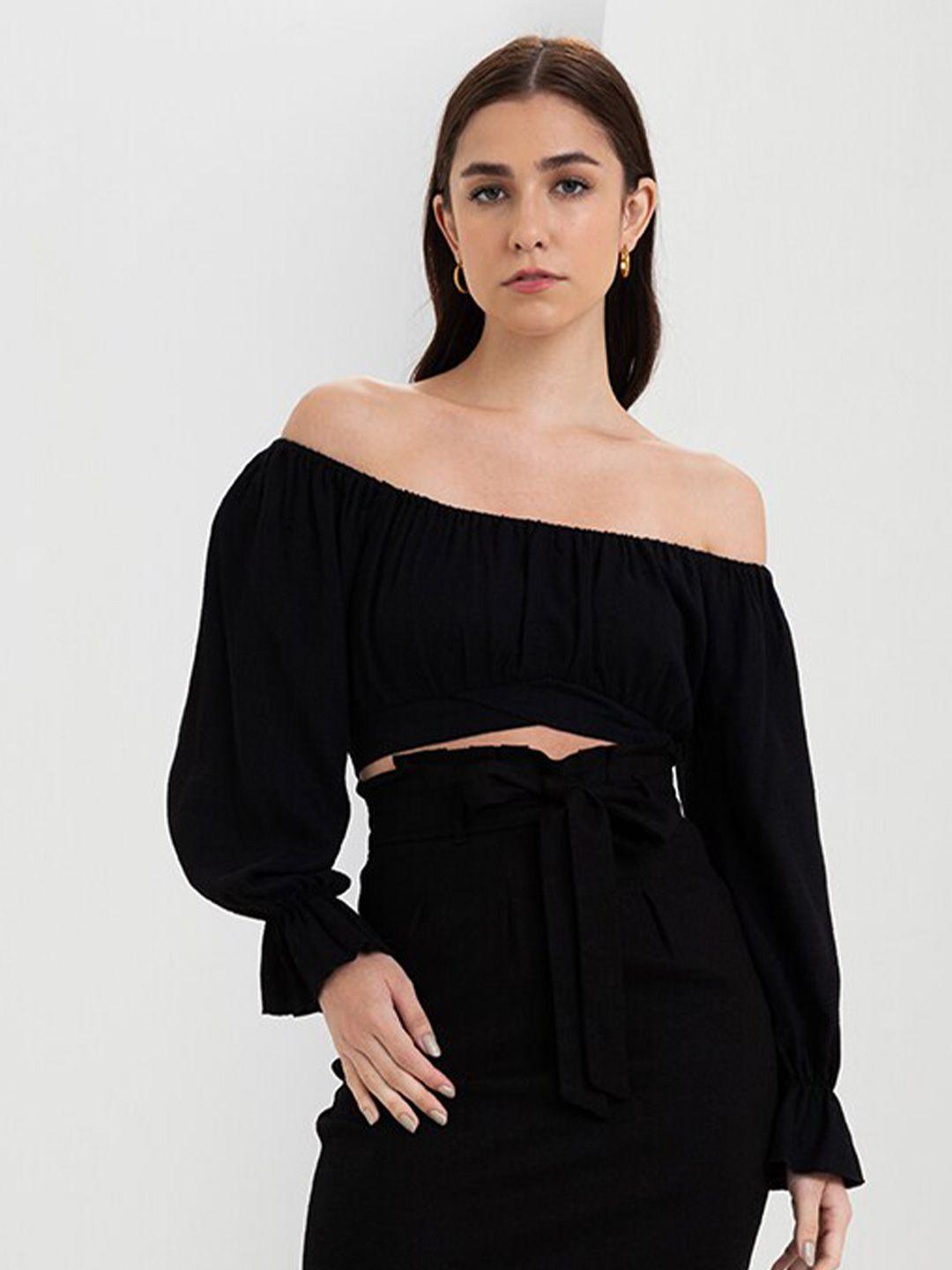 zalora studios off-shoulder puff sleeve linen bardot crop top