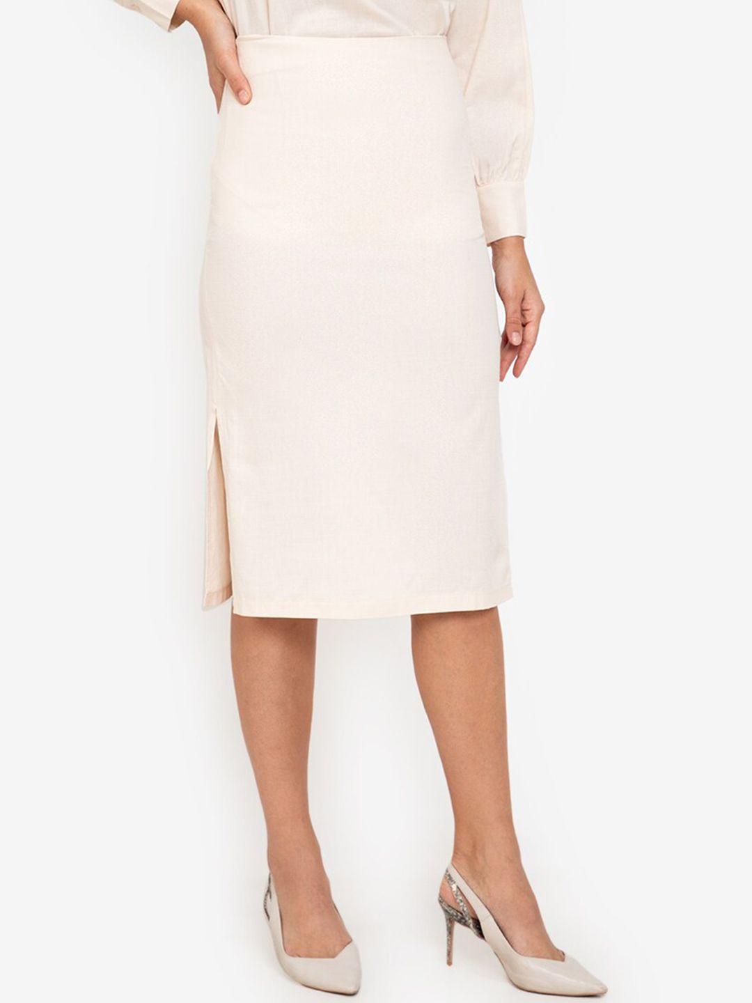 zalora work beige solid pencil skirt with side slit