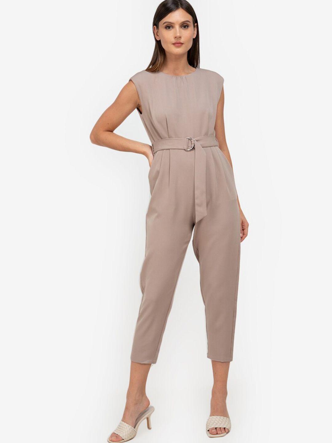 zalora work brown solid jumpsuit with belt