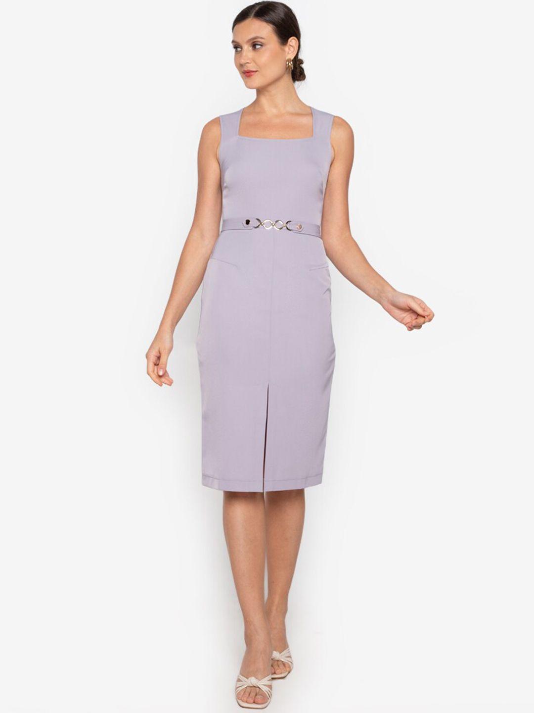 zalora work lavender square neck dress with buckle detail