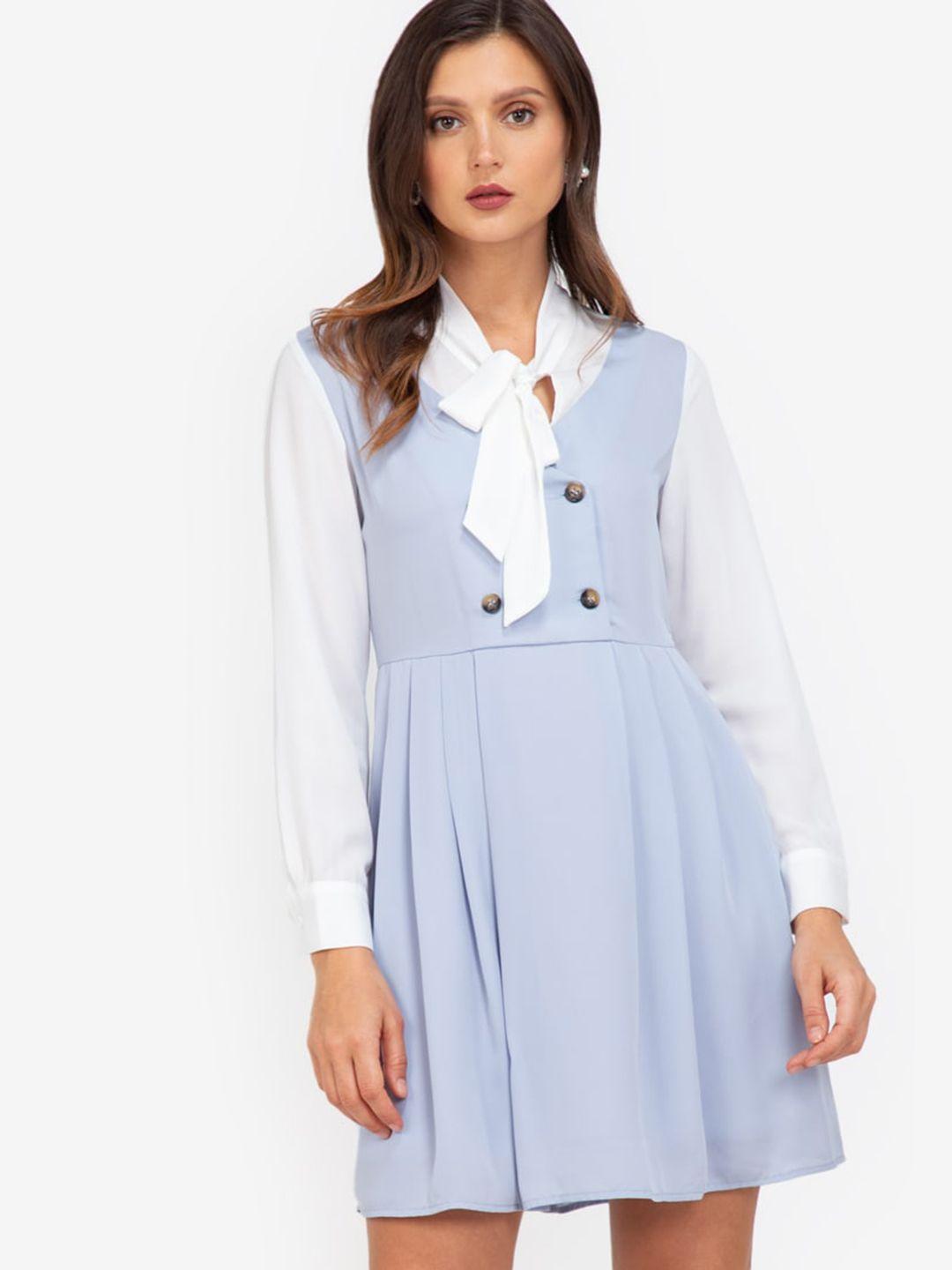 zalora work women blue & white colourblocked pinafore dress