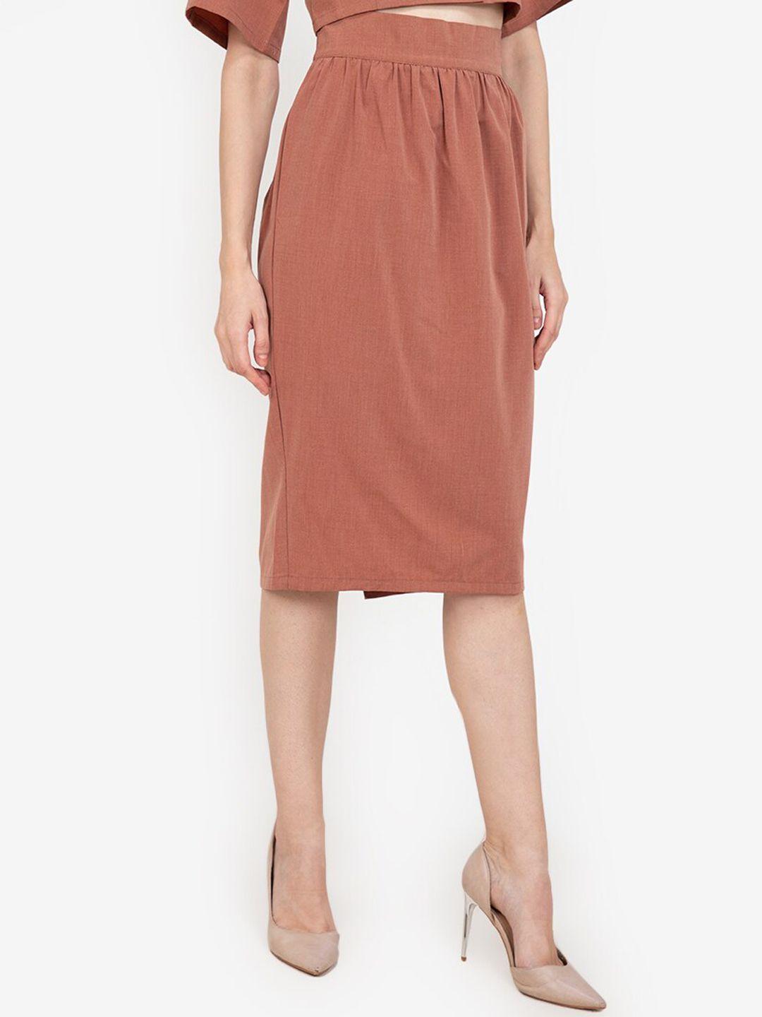 zalora work women brown solid pencil skirt