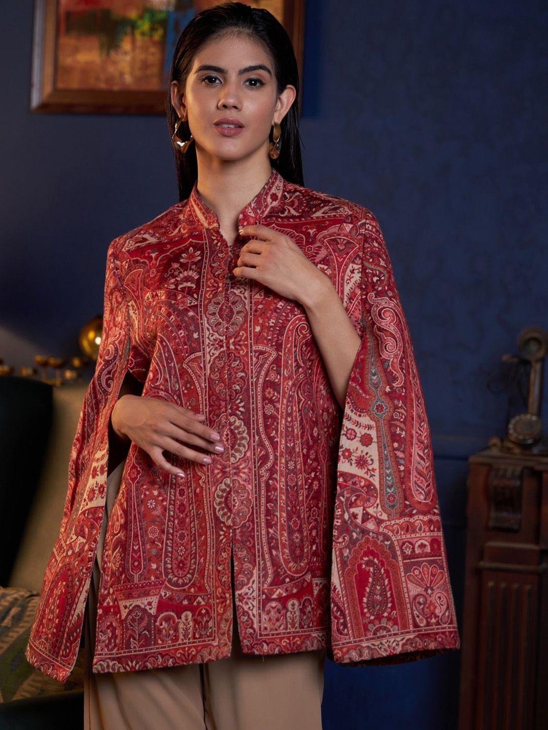 zamour ethnic motifs printed cape sleeves longline tailored jacket