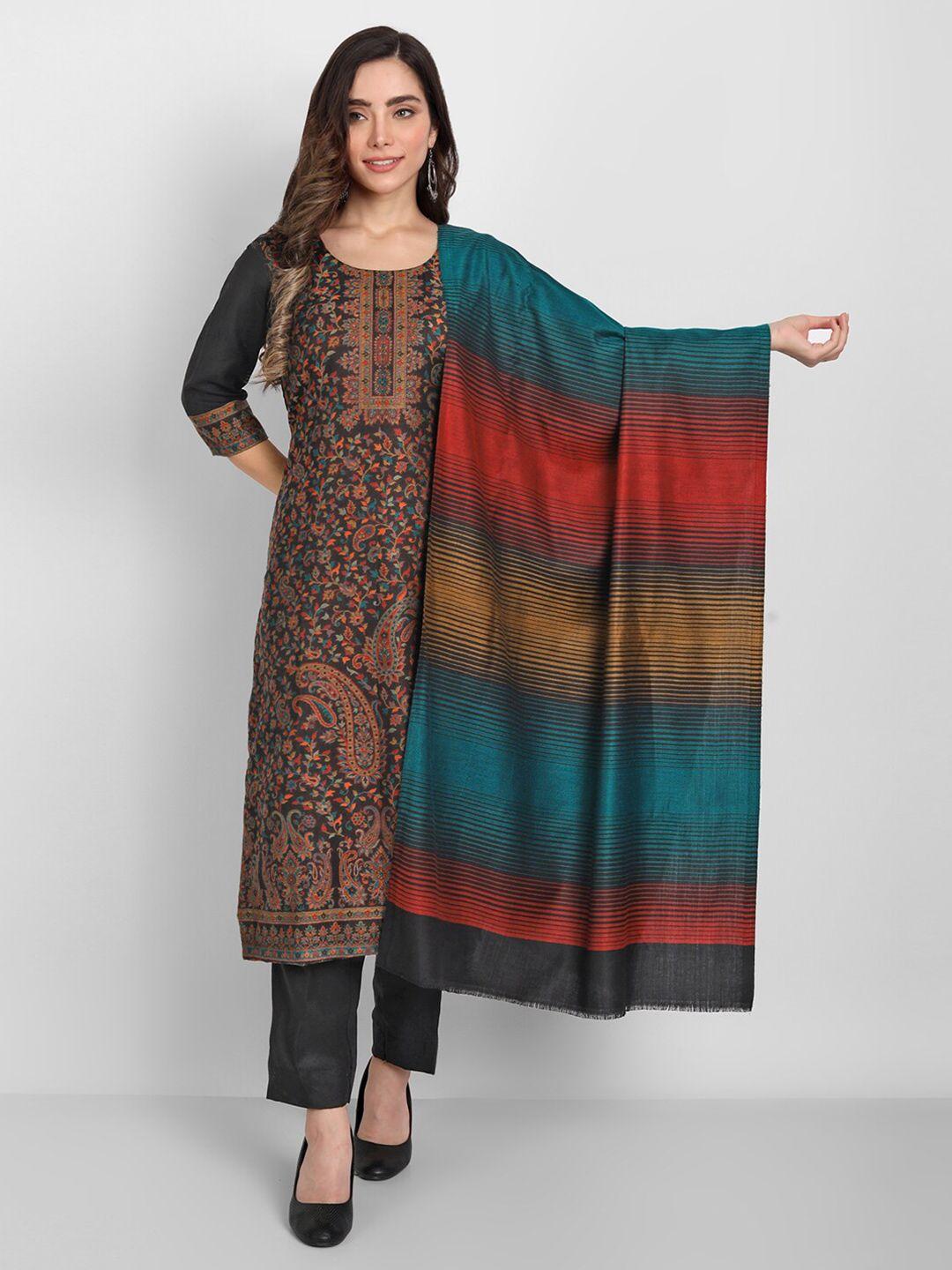 zamour women black & orange woven design unstitched dress material