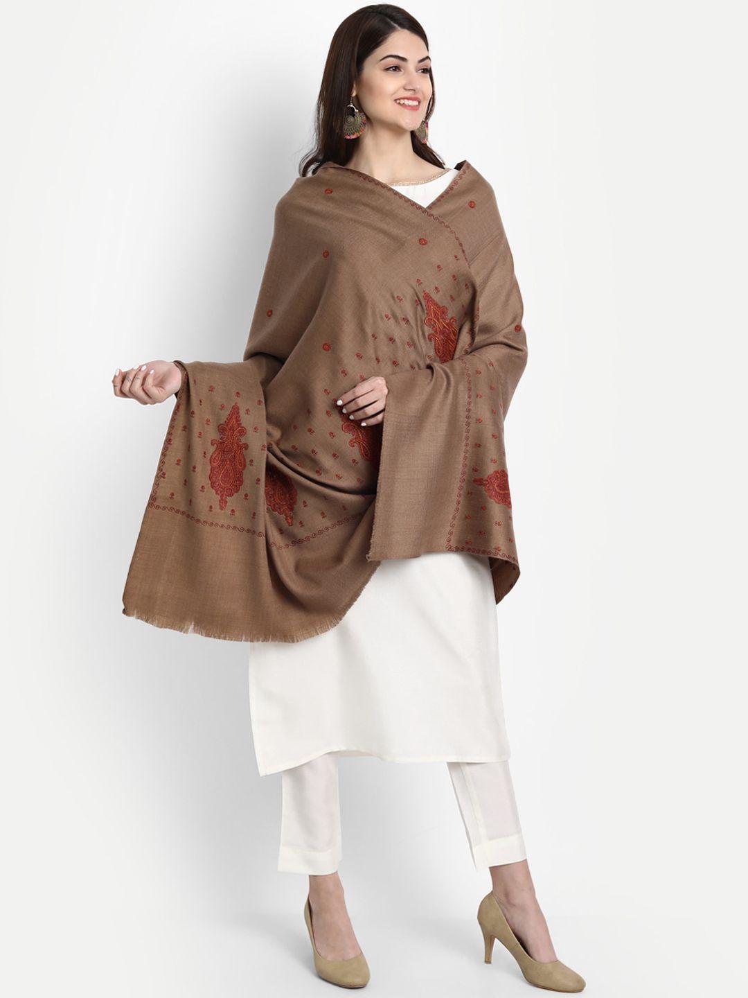 zamour women brown embroidered woolen shawl