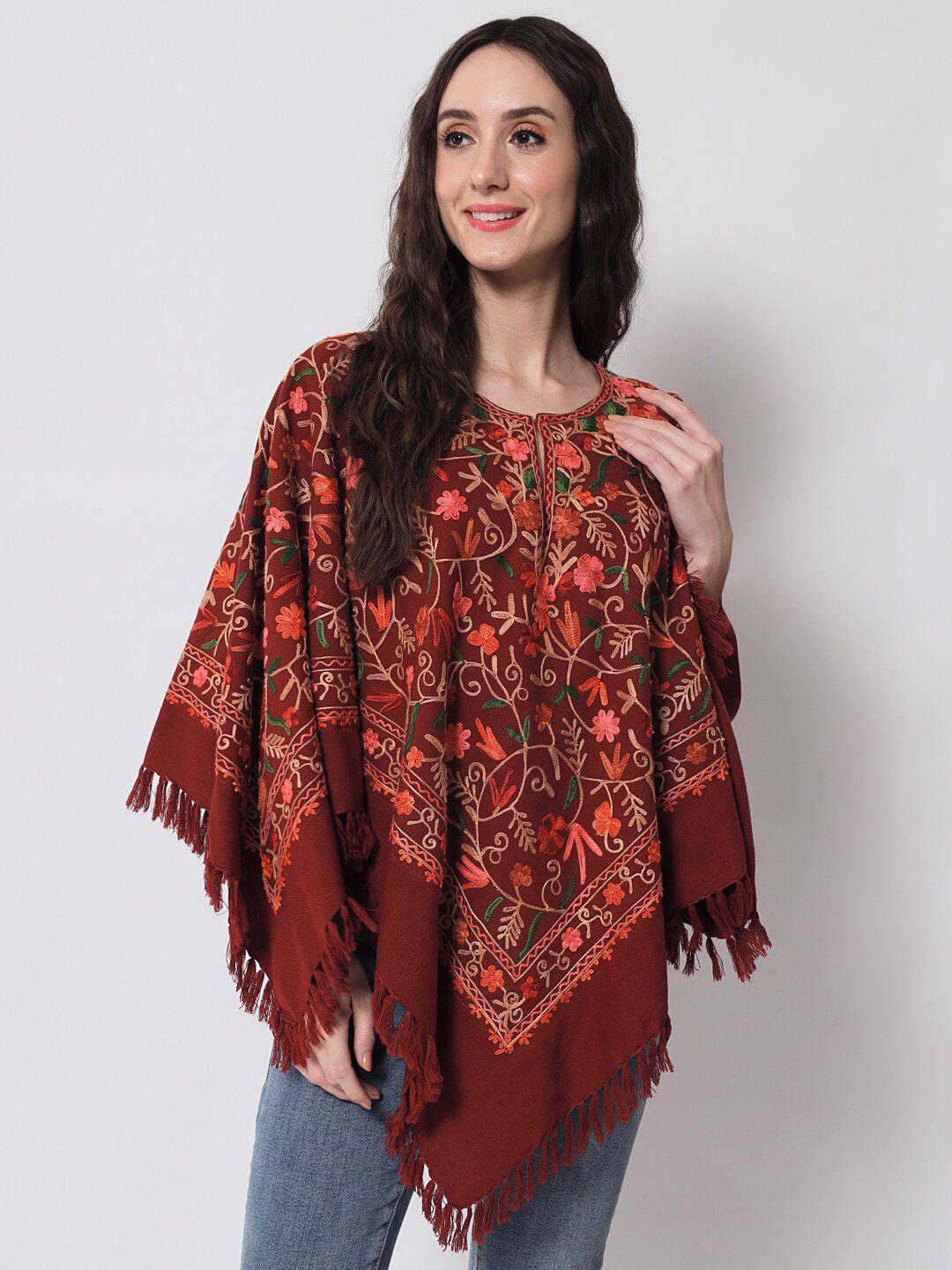 zamour women maroon & green floral embroidered kashmiri poncho
