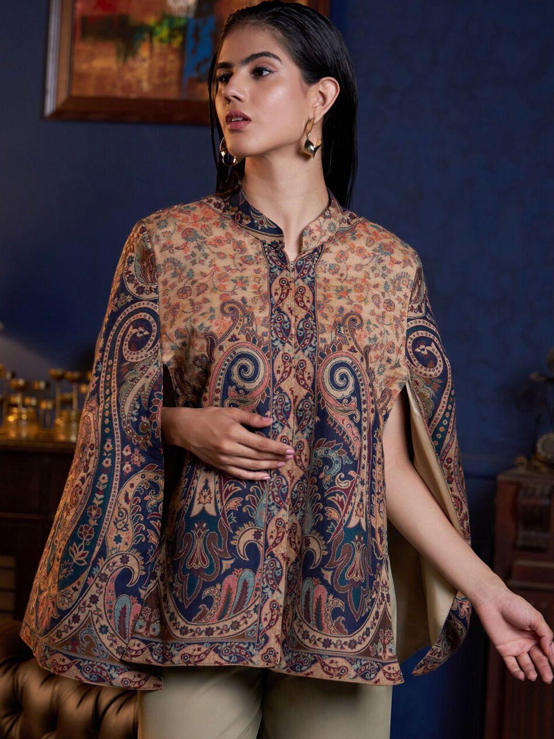 zamour abstract printed longline jacquard cape jacket with embroidered