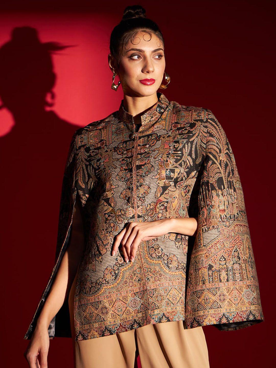 zamour ethnic motifs printed jamawar cape jacket