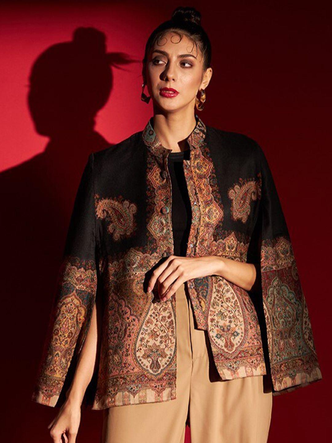 zamour ethnic motifs printed jamawar cape jacket