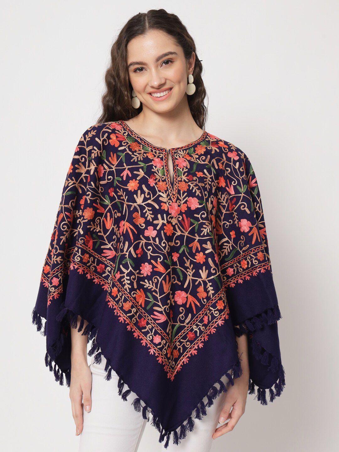 zamour floral poncho with kashmiri embroidered detail