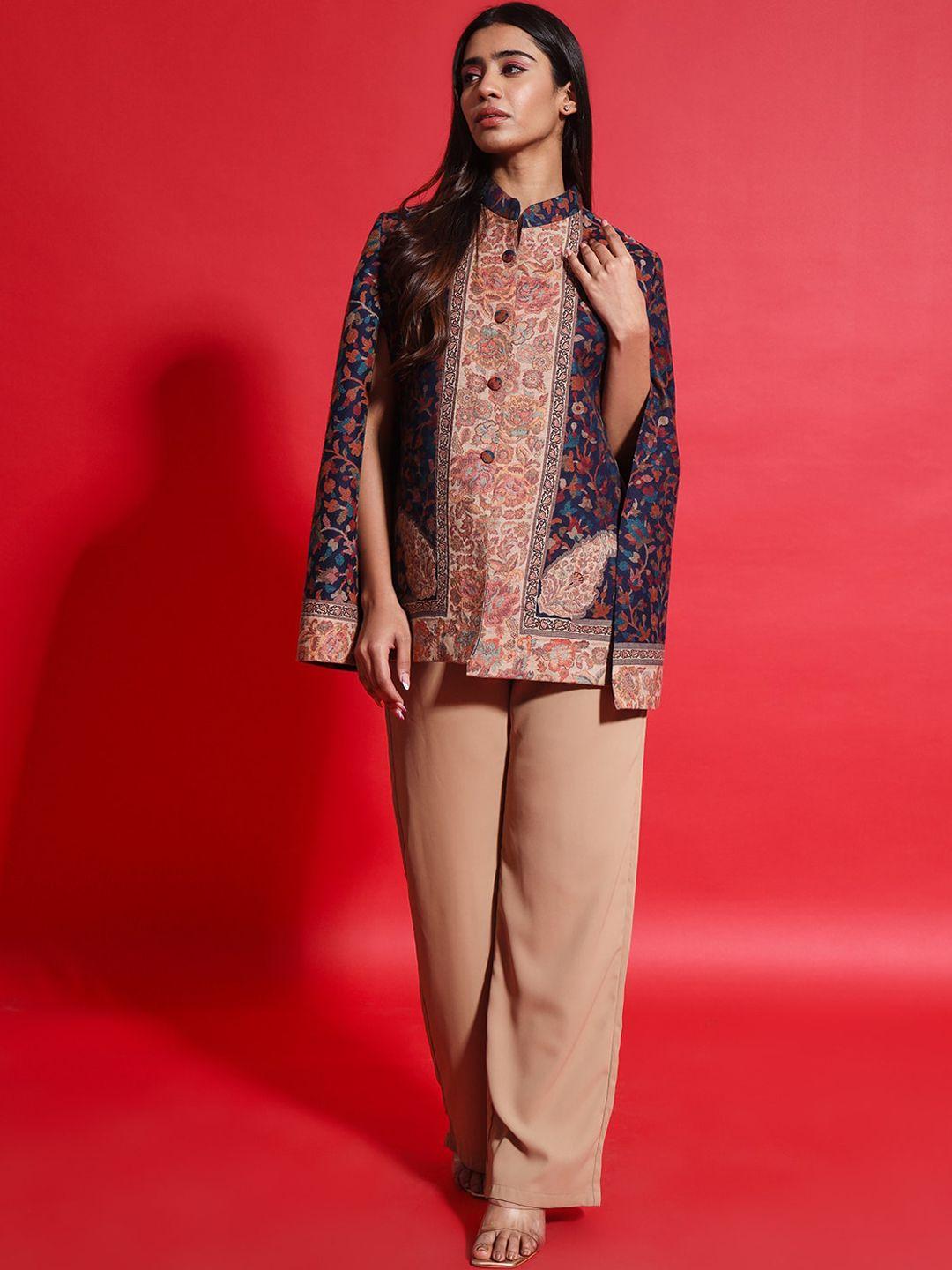 zamour floral printed mandarin collar cape jacket