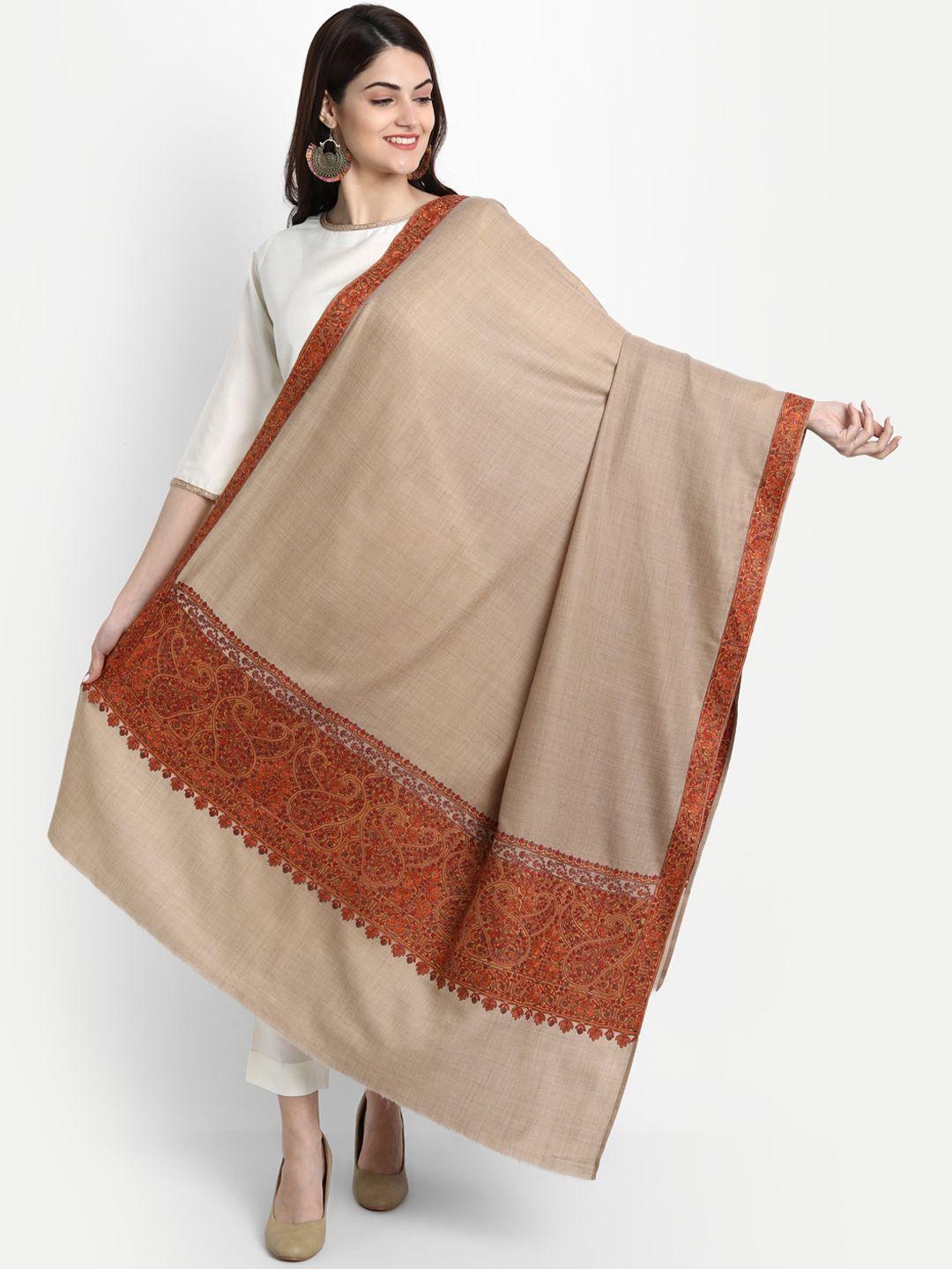 zamour women beige & brown embroidered kashmiri shawl