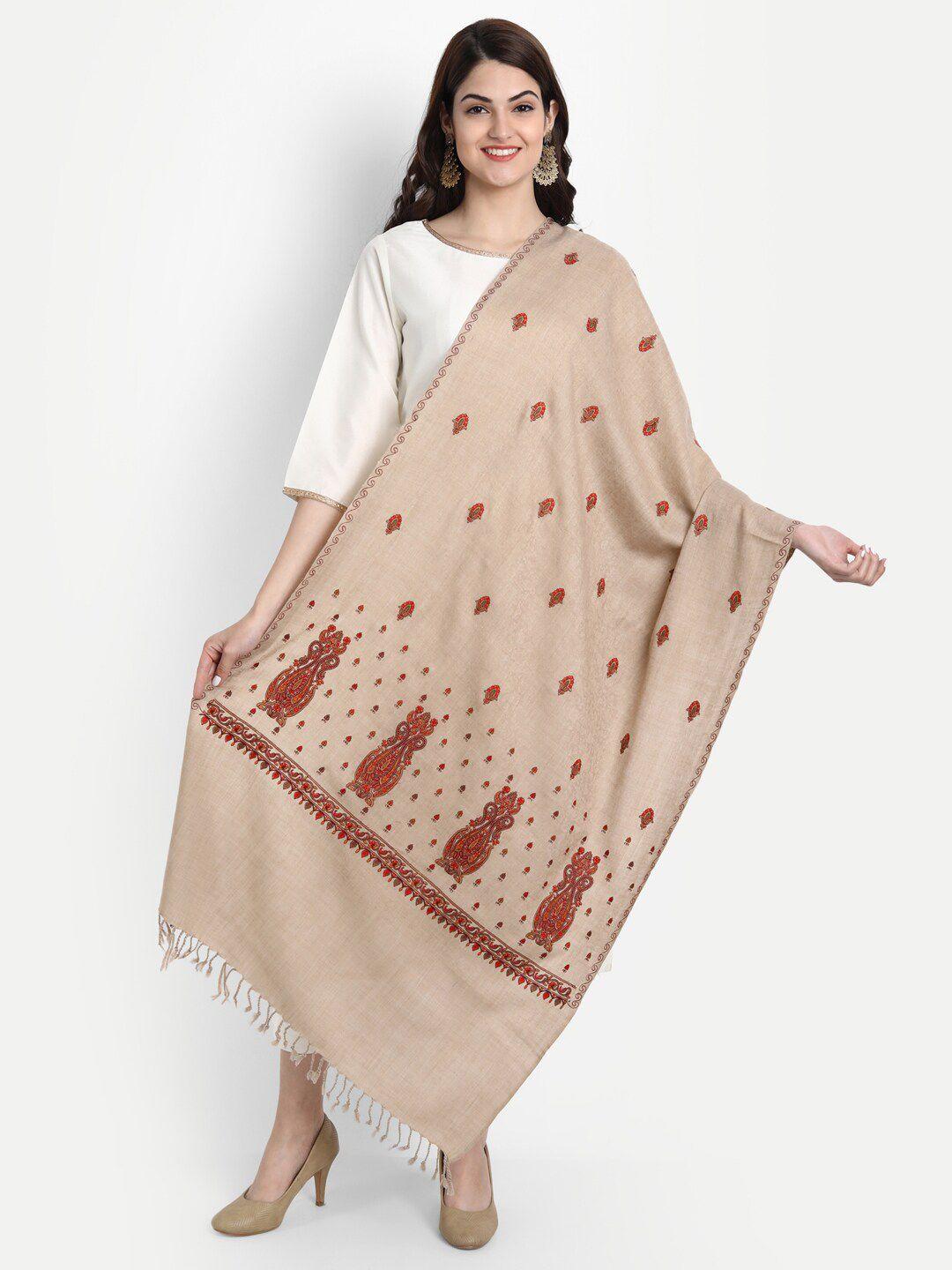 zamour women beige & red embroidered stole