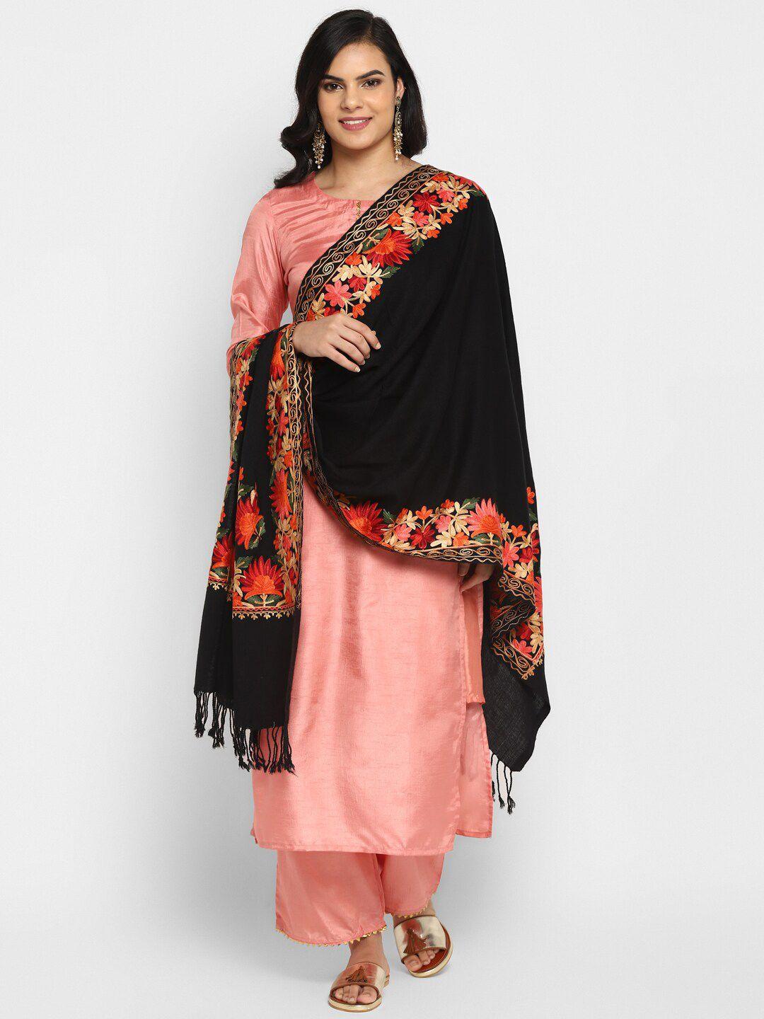 zamour women black & red kashmiri embroidered stole