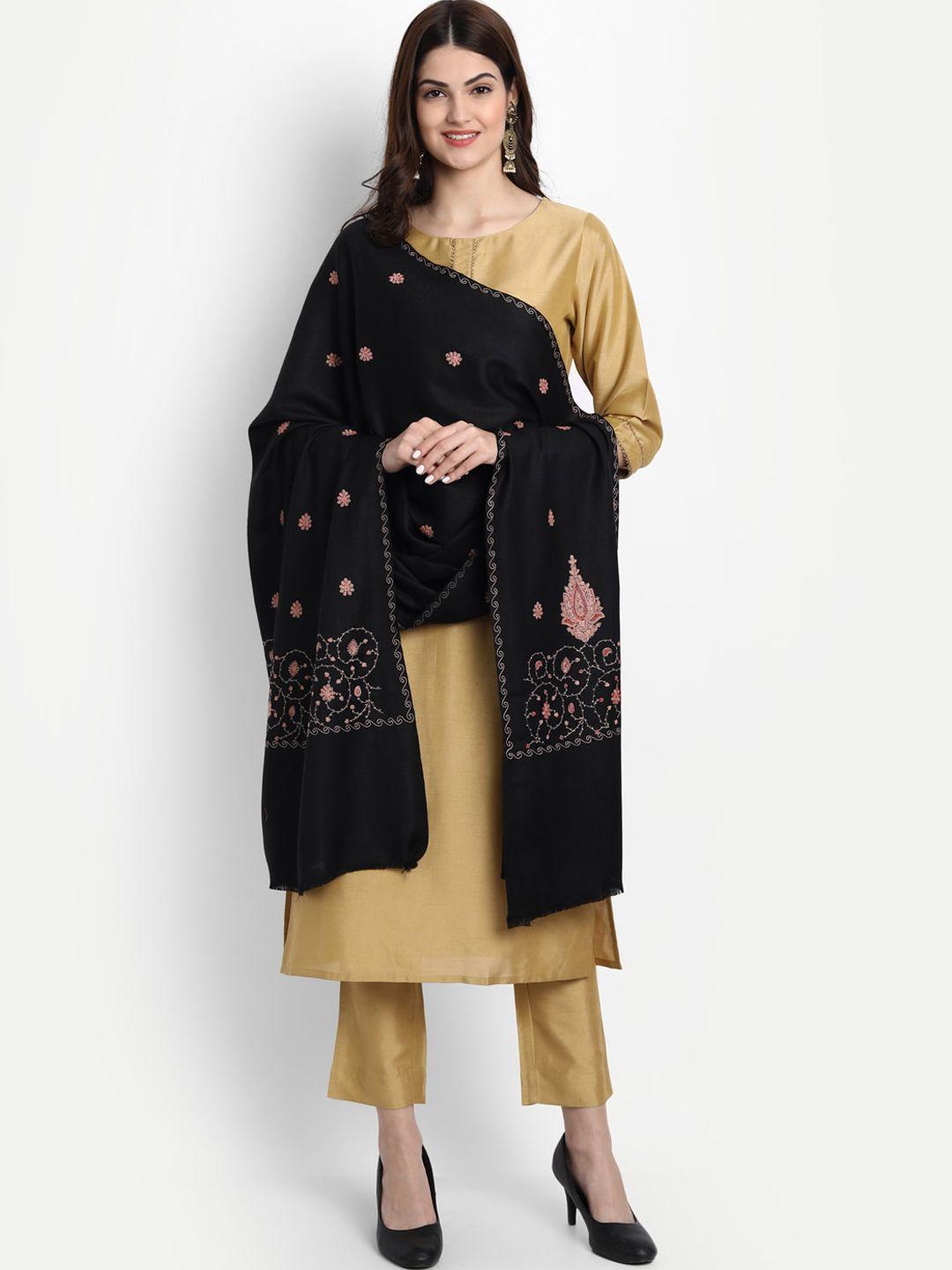 zamour women black embroidered woolen shawl