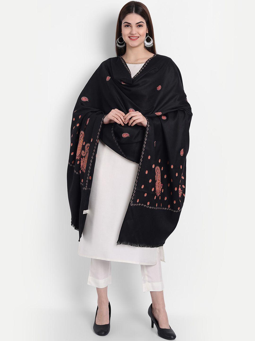 zamour women black embroidered woolen shawl