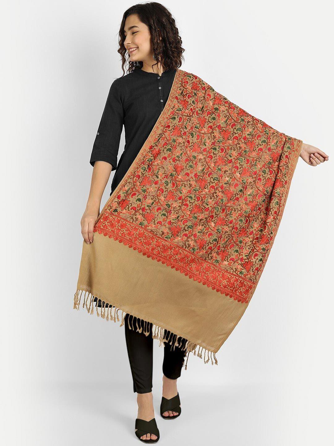 zamour women brown & red embroidered stole