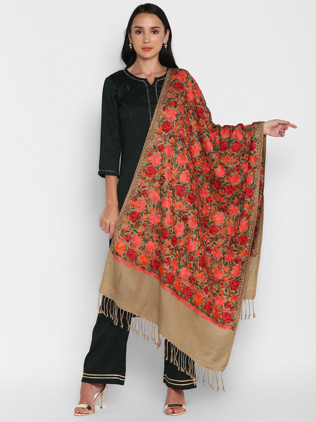 zamour women brown & red embroidered stole