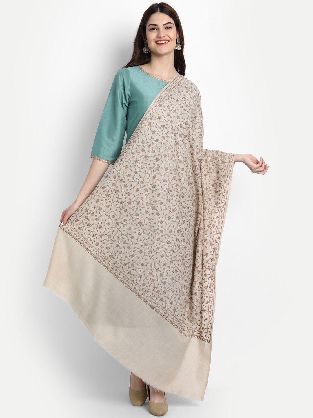 zamour women cream embroidered pure wool shawl