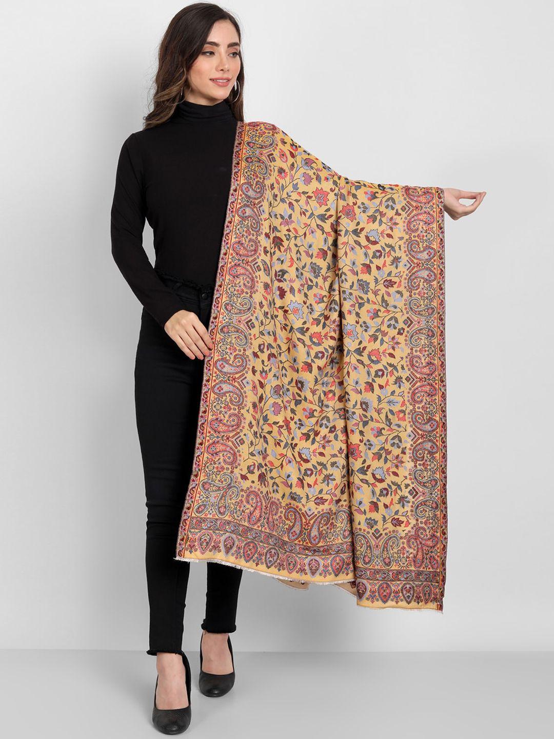zamour women mustard yellow & pink floral woven design woolen shawl