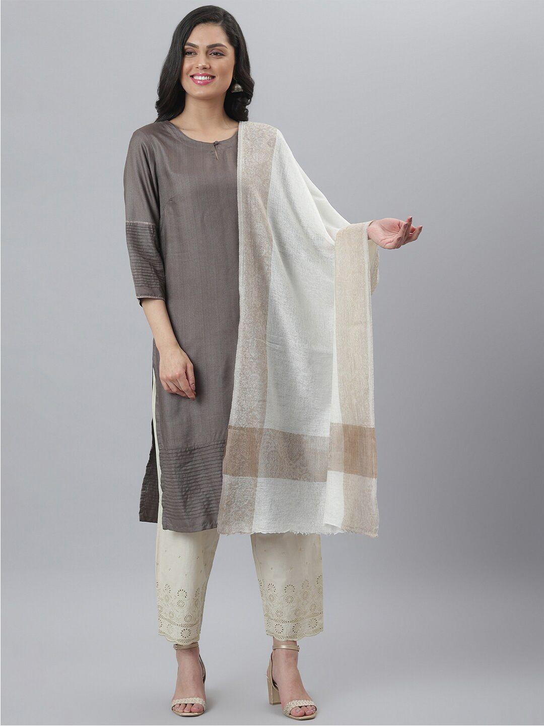 zamour women white & brown woven design wool stole