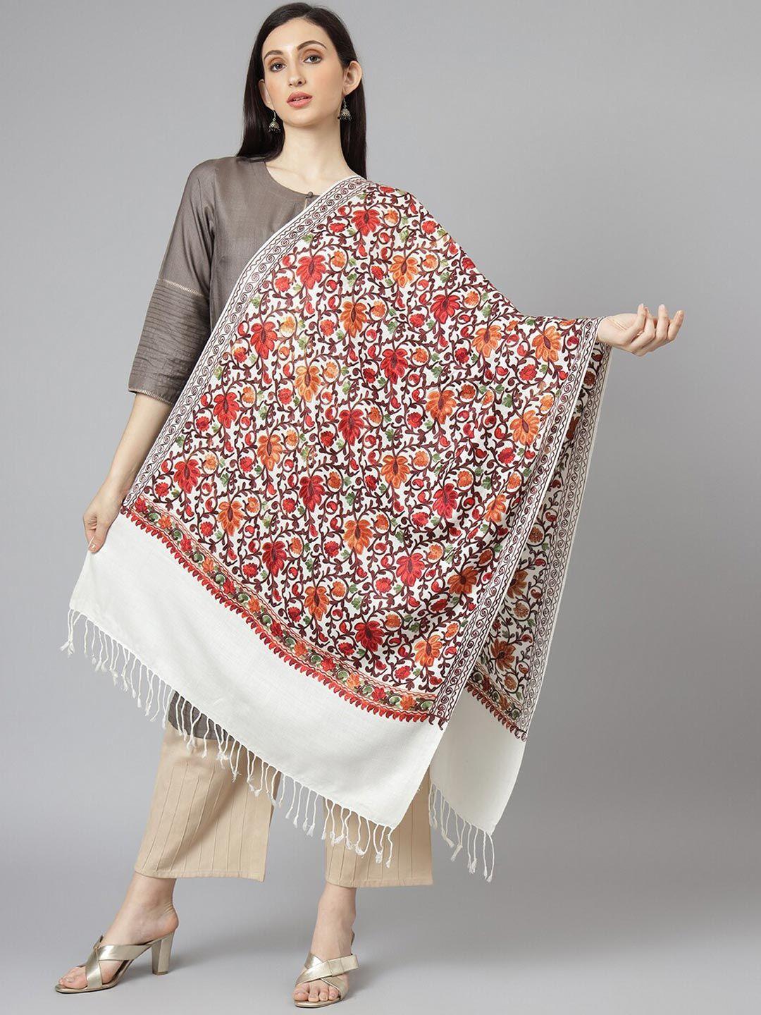 zamour women white & red embroidered stole