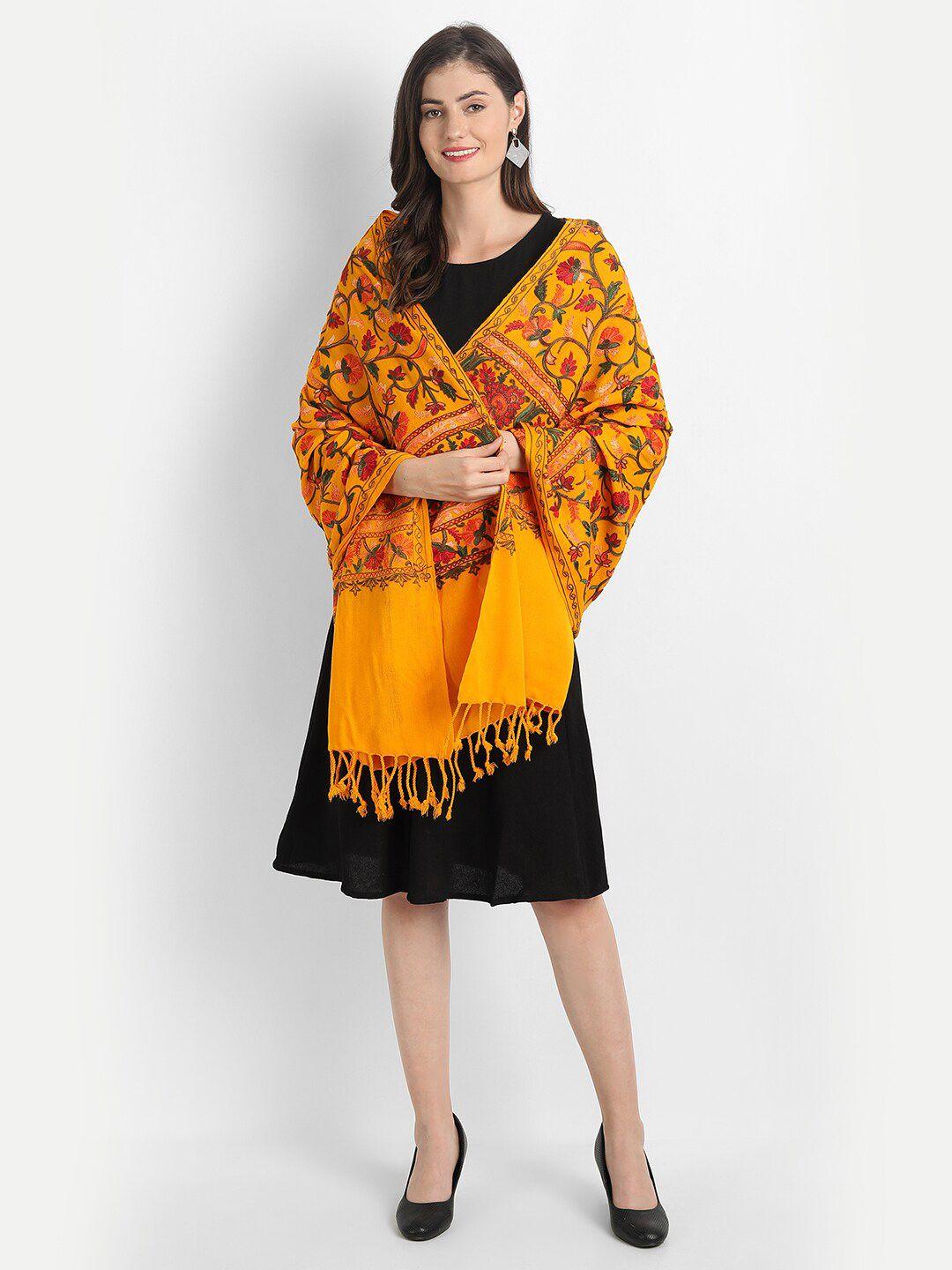 zamour women yellow & red embroidered stole