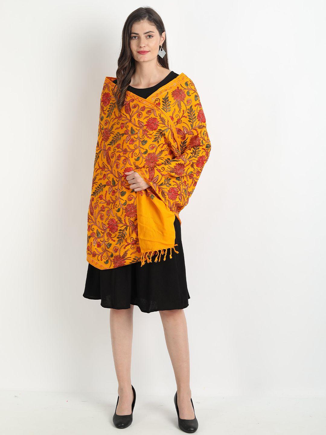 zamour women yellow & red embroidered stole