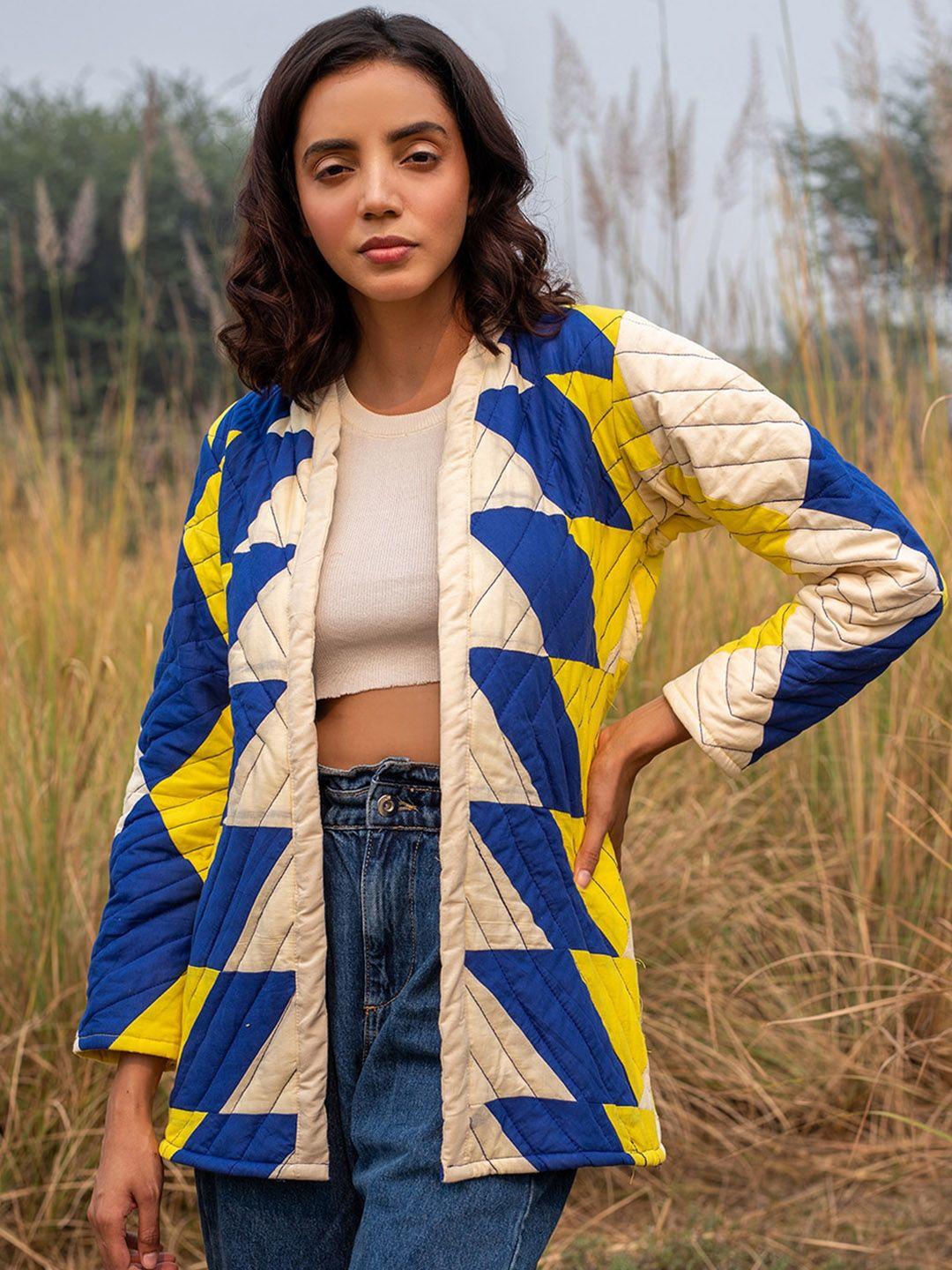 zanaash women multicoloured geometric organic cotton longline tailored jacket