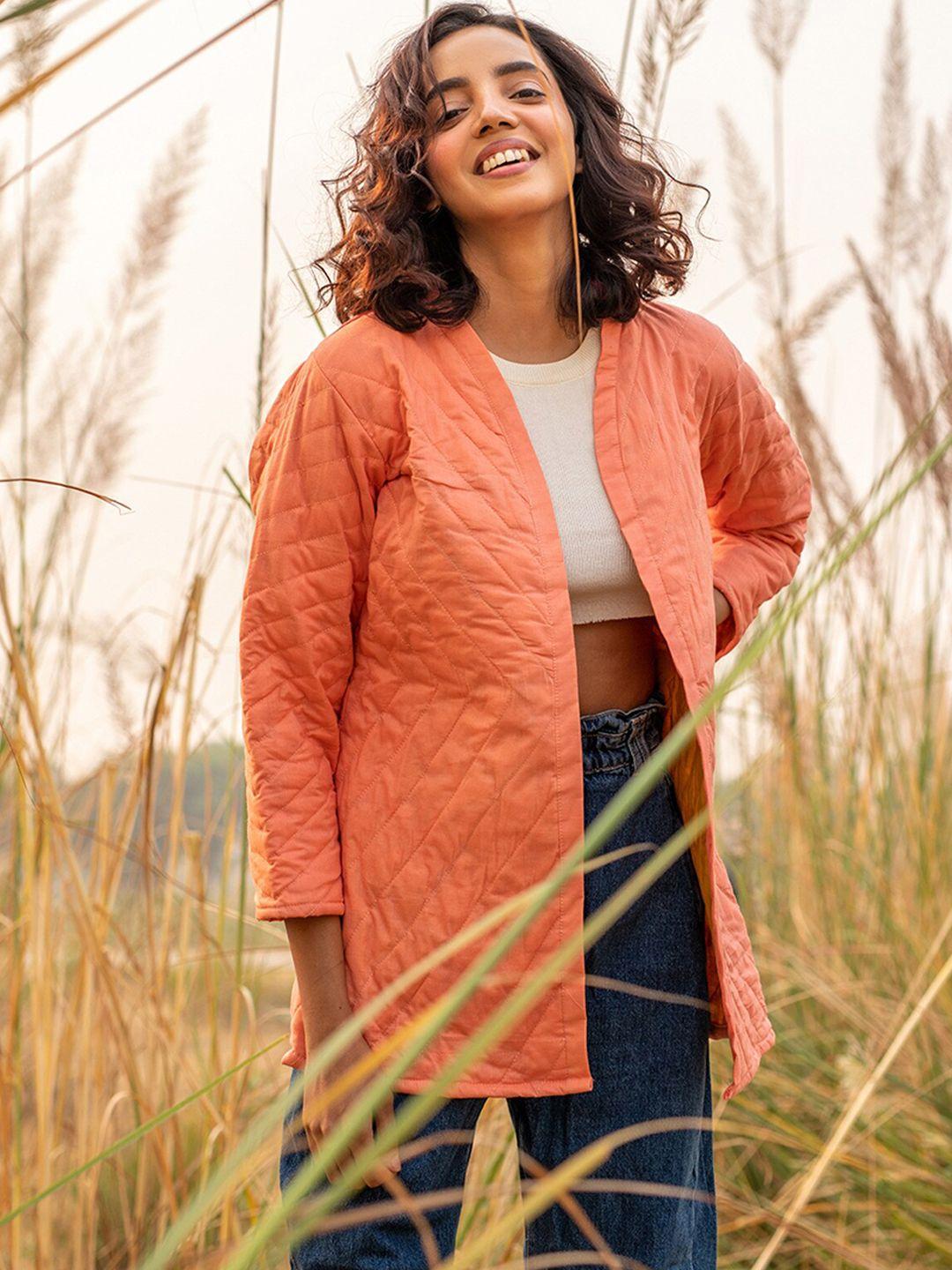 zanaash women peach-coloured organic cotton longline bomber jacket