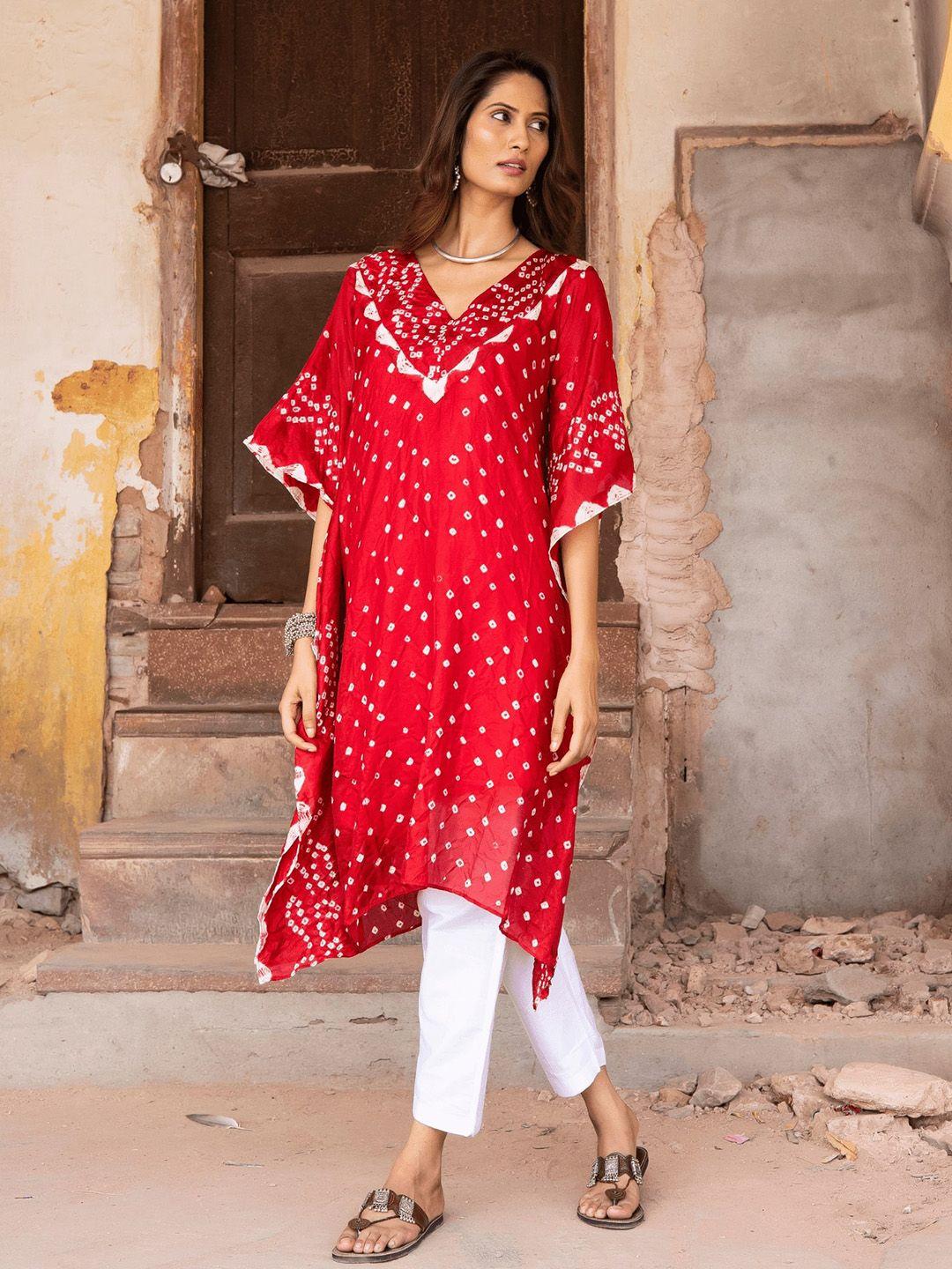 zanaash women red bandhani printed extended sleeves kaftan kurta