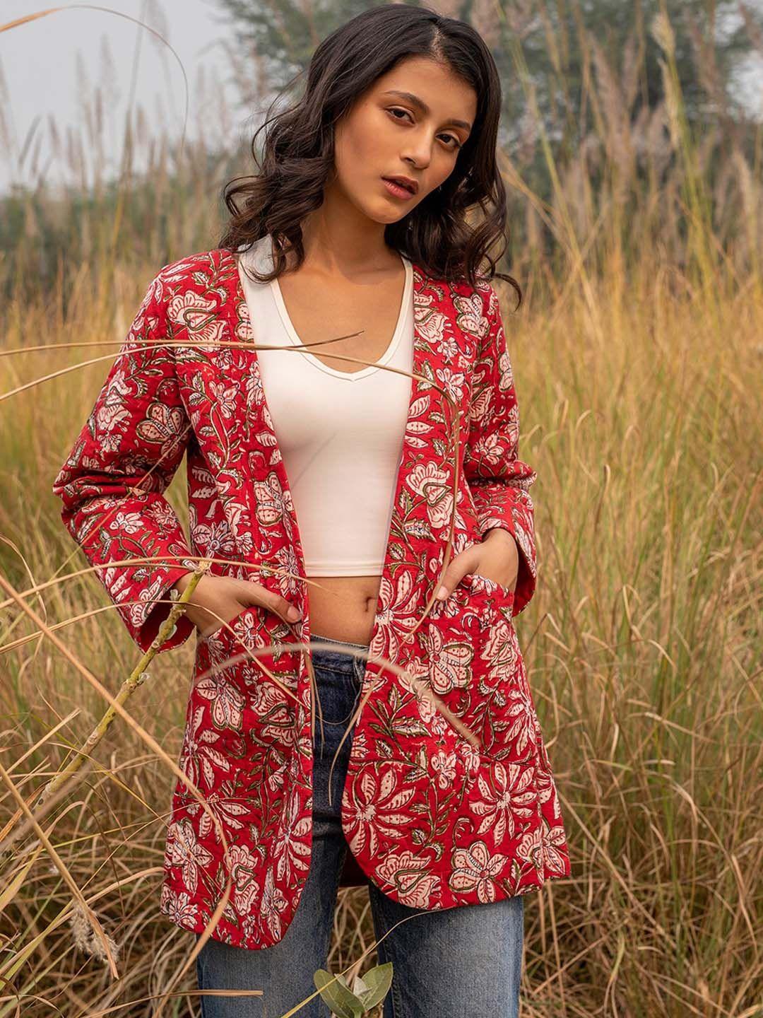 zanaash women red floral organic cotton crop tailored jacket
