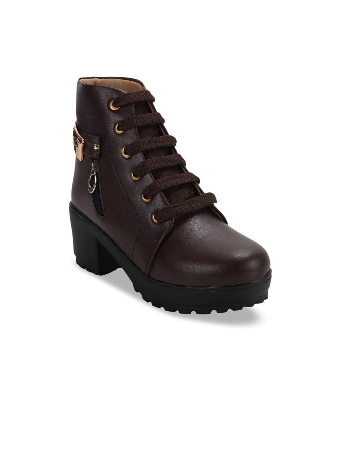 zapatoz girls brown pu block heels boots